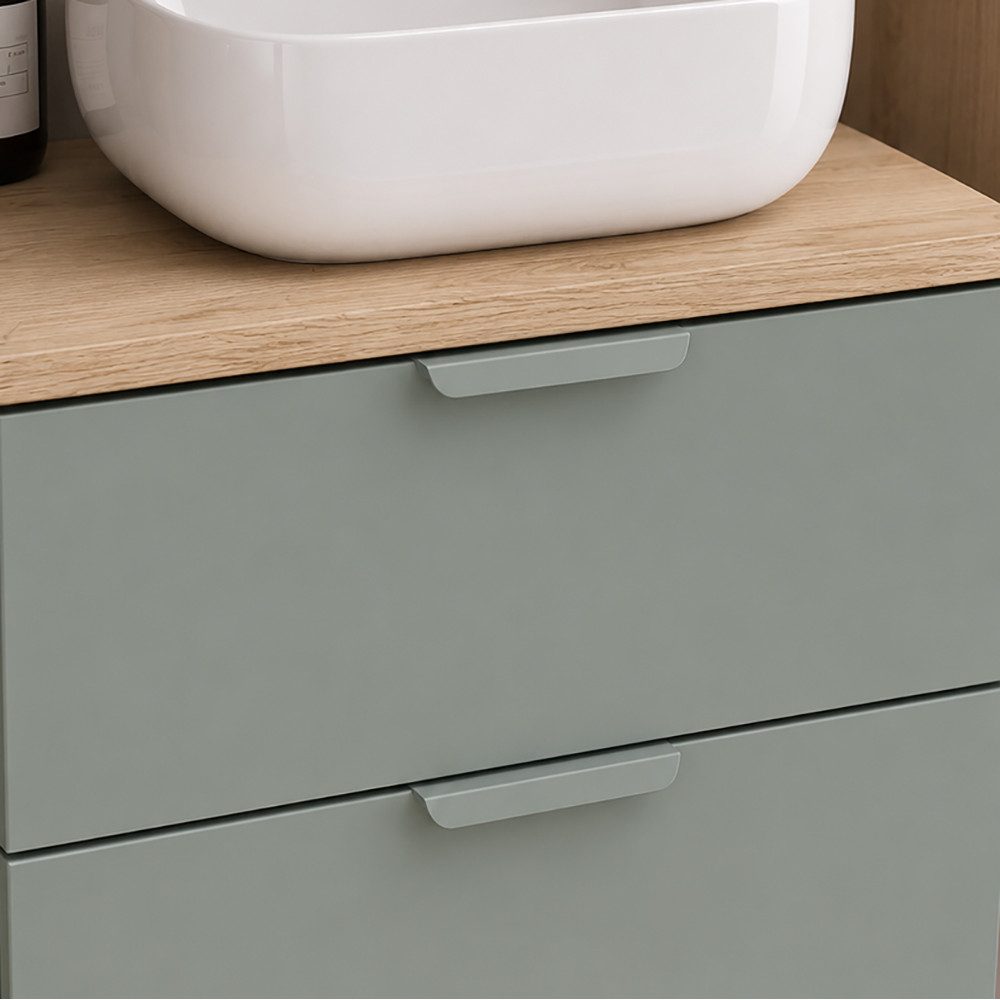 Lomadox Waschtisch ALASSIO-56, 60 cm breit,Waschbecken, Grün matt mit Eiche, 2 Schubladen