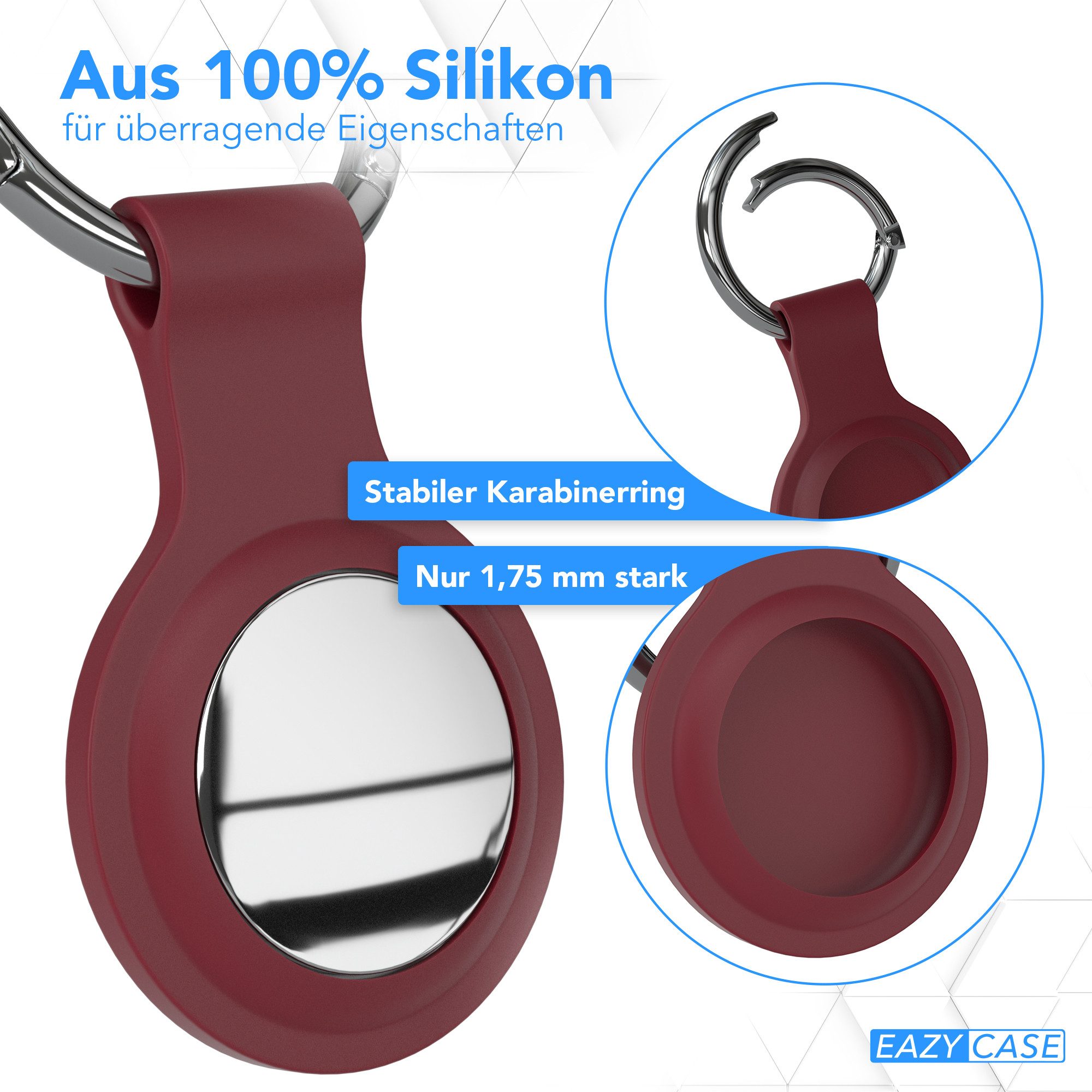 EAZY CASE Schlüsselanhänger 3er Set Silikon Anhänger kompatibel Apple AirTag, Airtags Hülle mit Silikon Rand Weich Tracker Karabiner Bordeaux Rot
