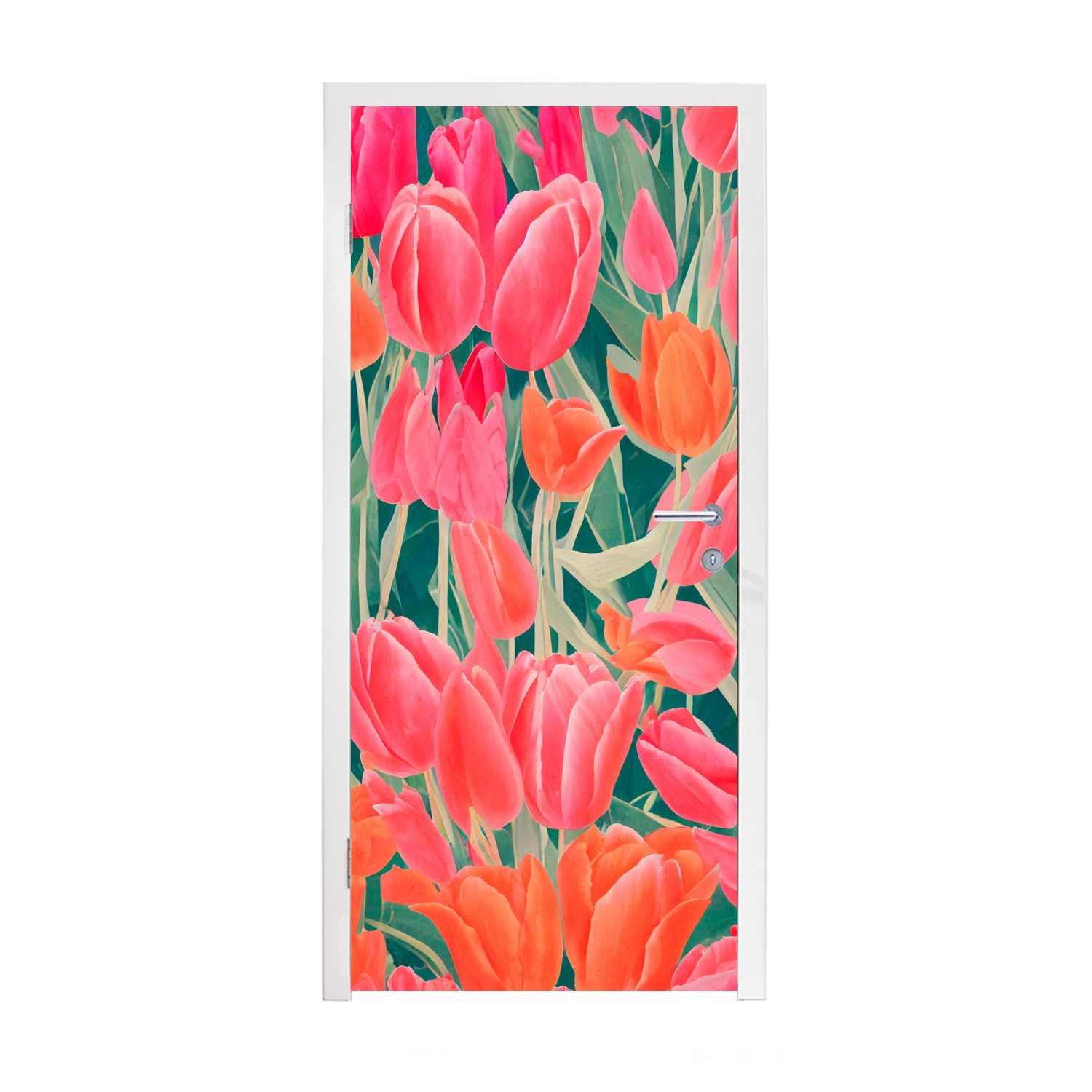 MuchoWow Türtapete Tulpen - Blumen - Rosa - Rot - Kunst, Matt, bedruckt, (1 St), Fototapete für Tür, Türaufkleber, 75x205 cm
