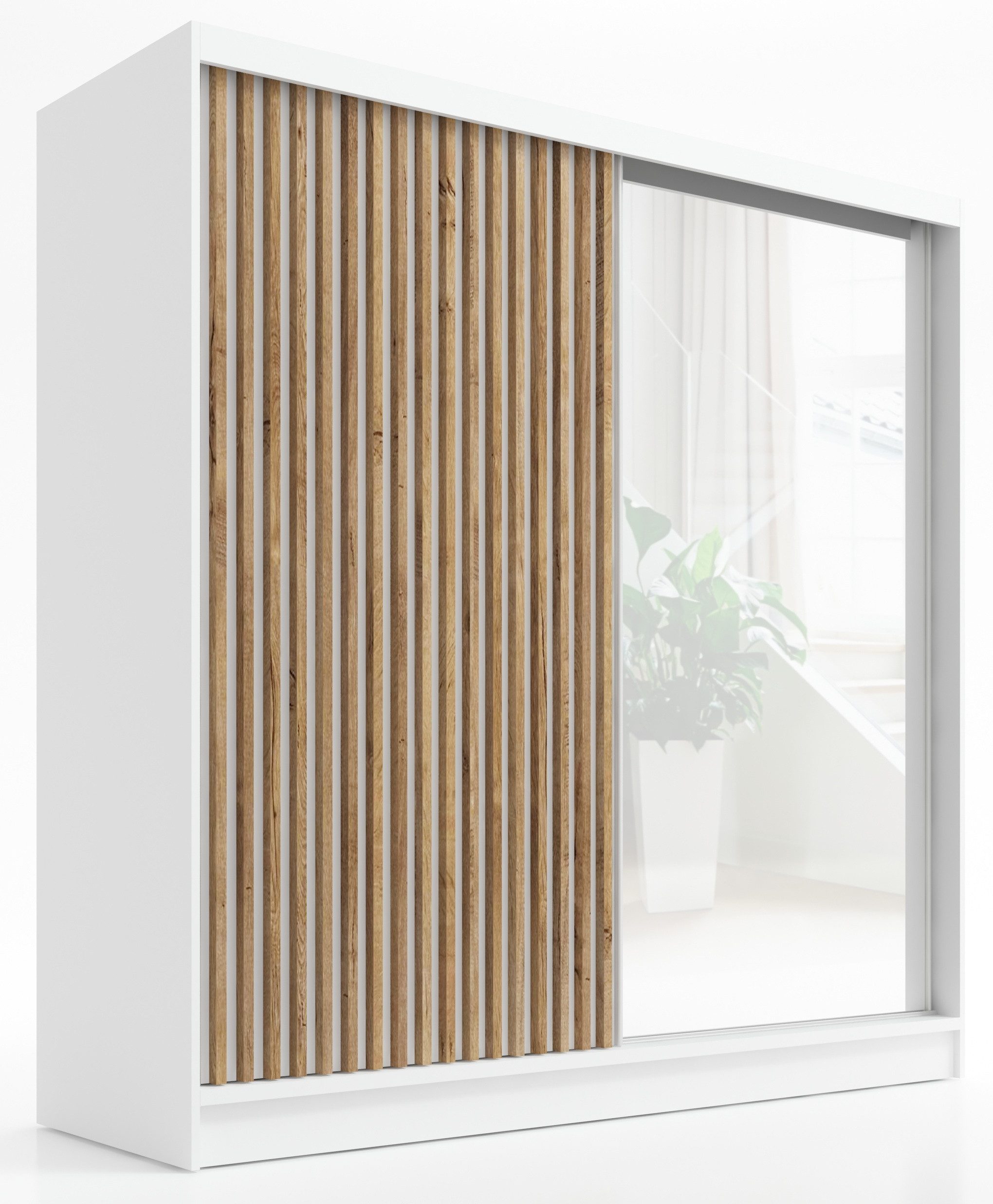 A&J MöbelLand GmbH Schiebetürenschrank LUNO 2-türiger Kleiderschrank mit Spiegel, Lamellen. (TOP ANGEBOT! Geräumiger Schrank mit einer Breite von 200 cm und Spiegel, ideal zur Aufbewahrung von Kleidung und Accessoires. TOP PRODUKT! Wählen Sie das ideale M