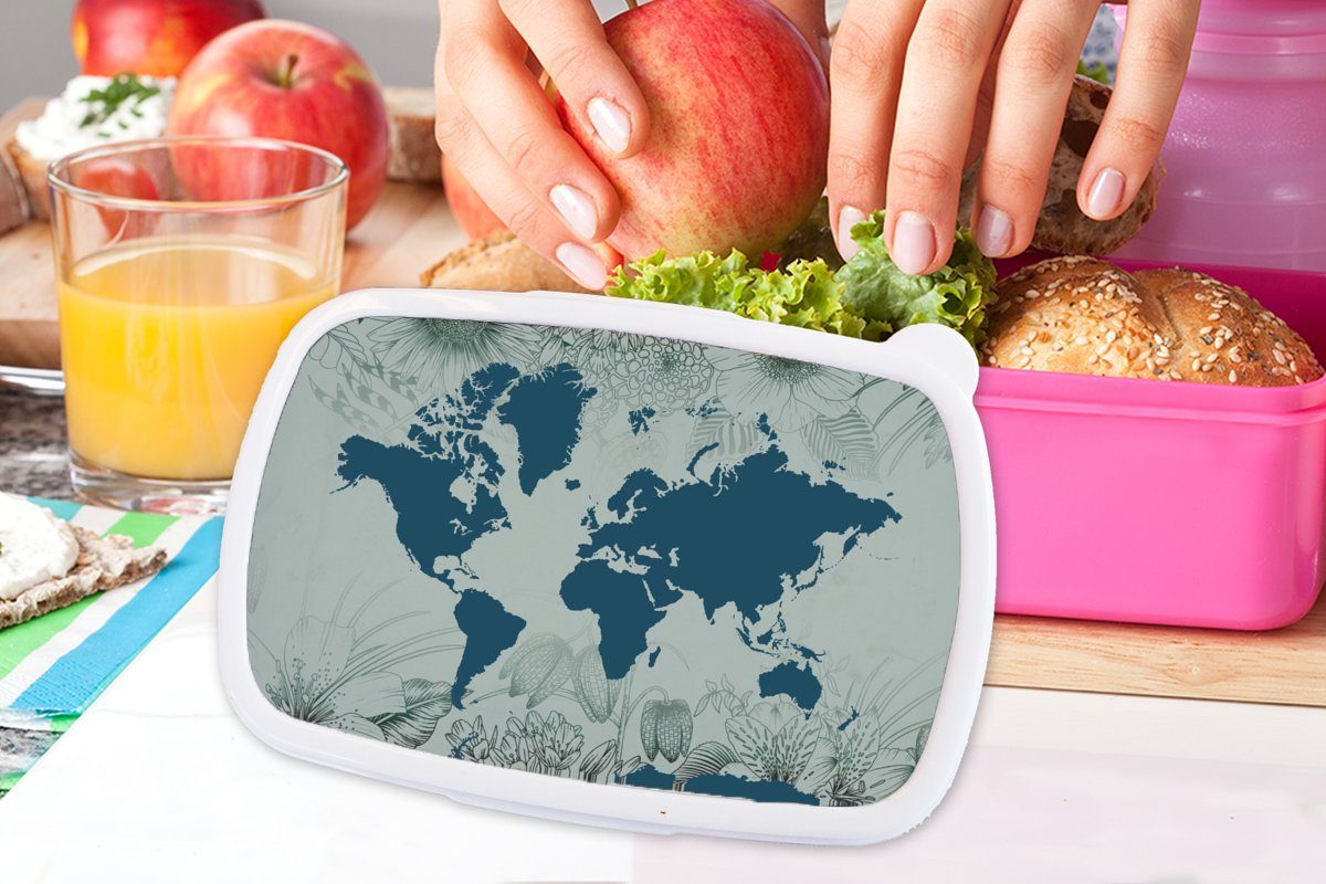 MuchoWow Lunchbox Weltkarte - Grau Kunststoff rosa Mädchen, Brotdose Blau, Snackbox, (2-tlg), Brotbox Erwachsene, - Kinder, für Kunststoff