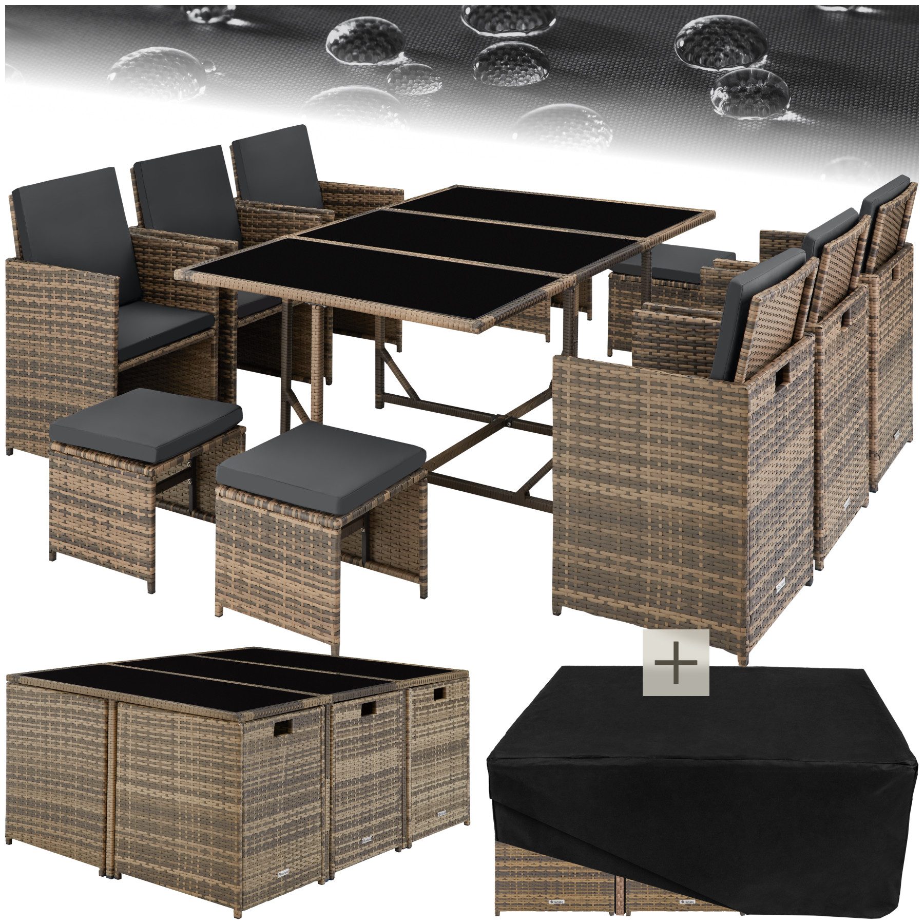tectake Sitzgruppe Rattan Sitzgruppe, (Set., 12-tlg), Все Bezüge abnehmbar und wasserabweisend