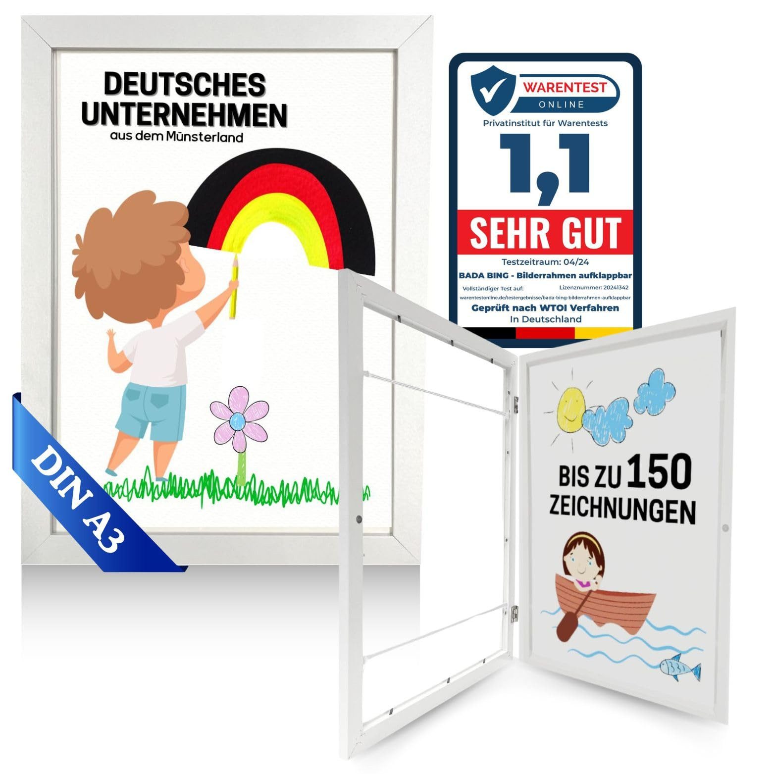Bada Bing Bilderrahmen zum Basteln für Kinderbilder Aufbewahren von Bildern und Kinderzeichnungen, für 150 Bilder (Weiss, 1 St), DIN A3 mit Magnetverschluss, Aufklappbar