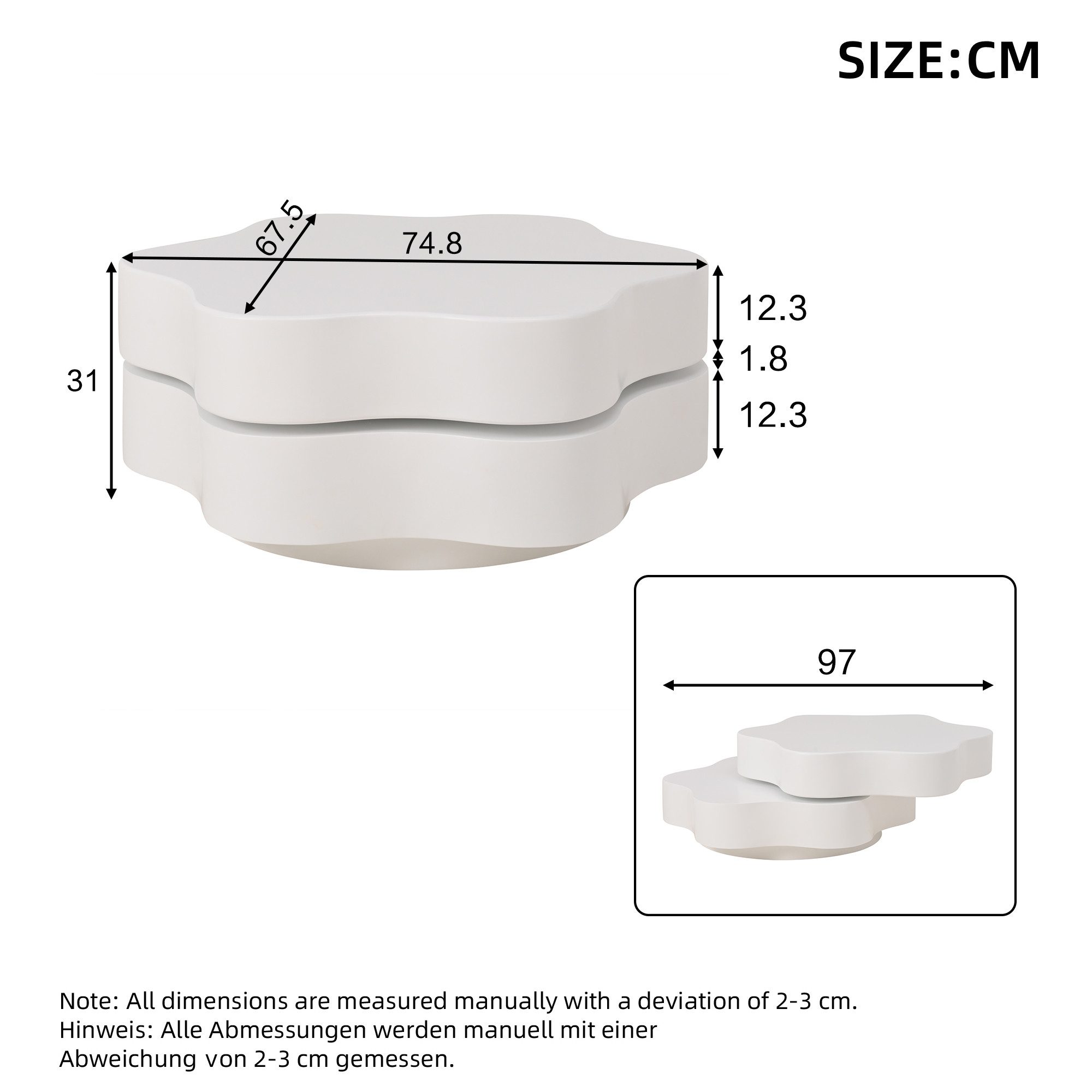 Merax Couchtisch Blumenförmiger Sofatisch Drehbarer Beistelltisch in Cremeweiß (Flexibler Sofatisch für kleine Wohnungen, 1-St., 74,8x67.5x31cm), Wohnzimmertisch mit 360°-Tischplatte & Doppelschichtigem Design