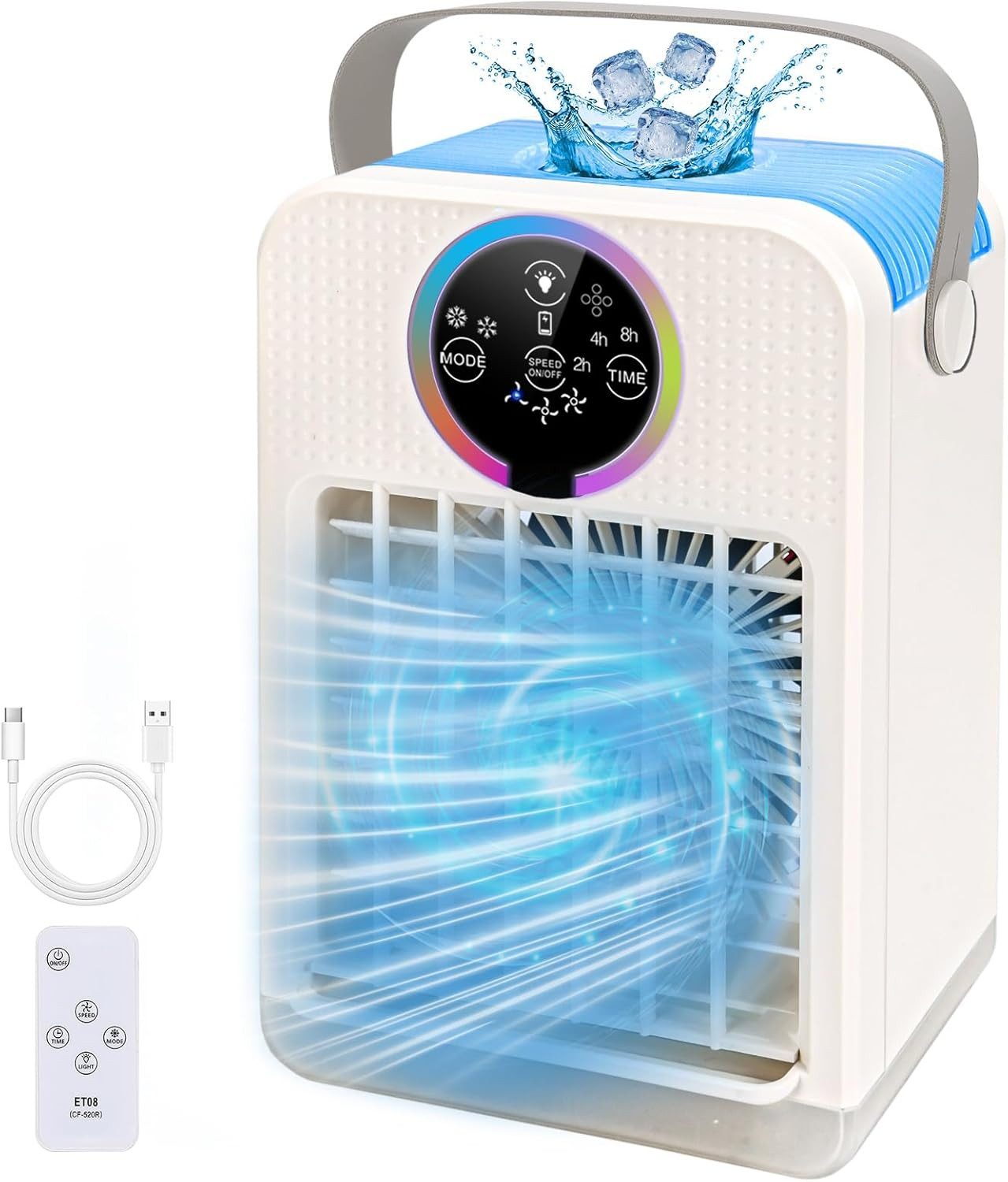 MOPUEA Ventilatorkombigerät Ventilatorkombigerät Tragbare Klimaanlage USB mit 700ml Wassertank, 700ml Tank leise 7 Farben USB Touch Fernbedienung