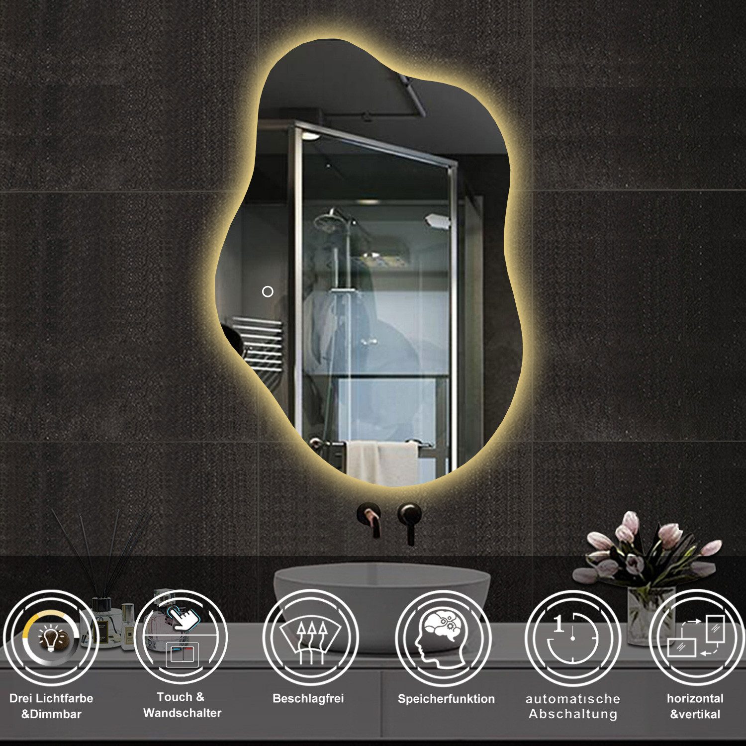 duschspa Badspiegel Spiegel mit Beleuchtung wandspiegel Asymmetrisch Dekospiegel (Wolke), Netral/Warm/Kaltweiß, Beschlagfrei, Touch+Wandschalter, Dimmbar