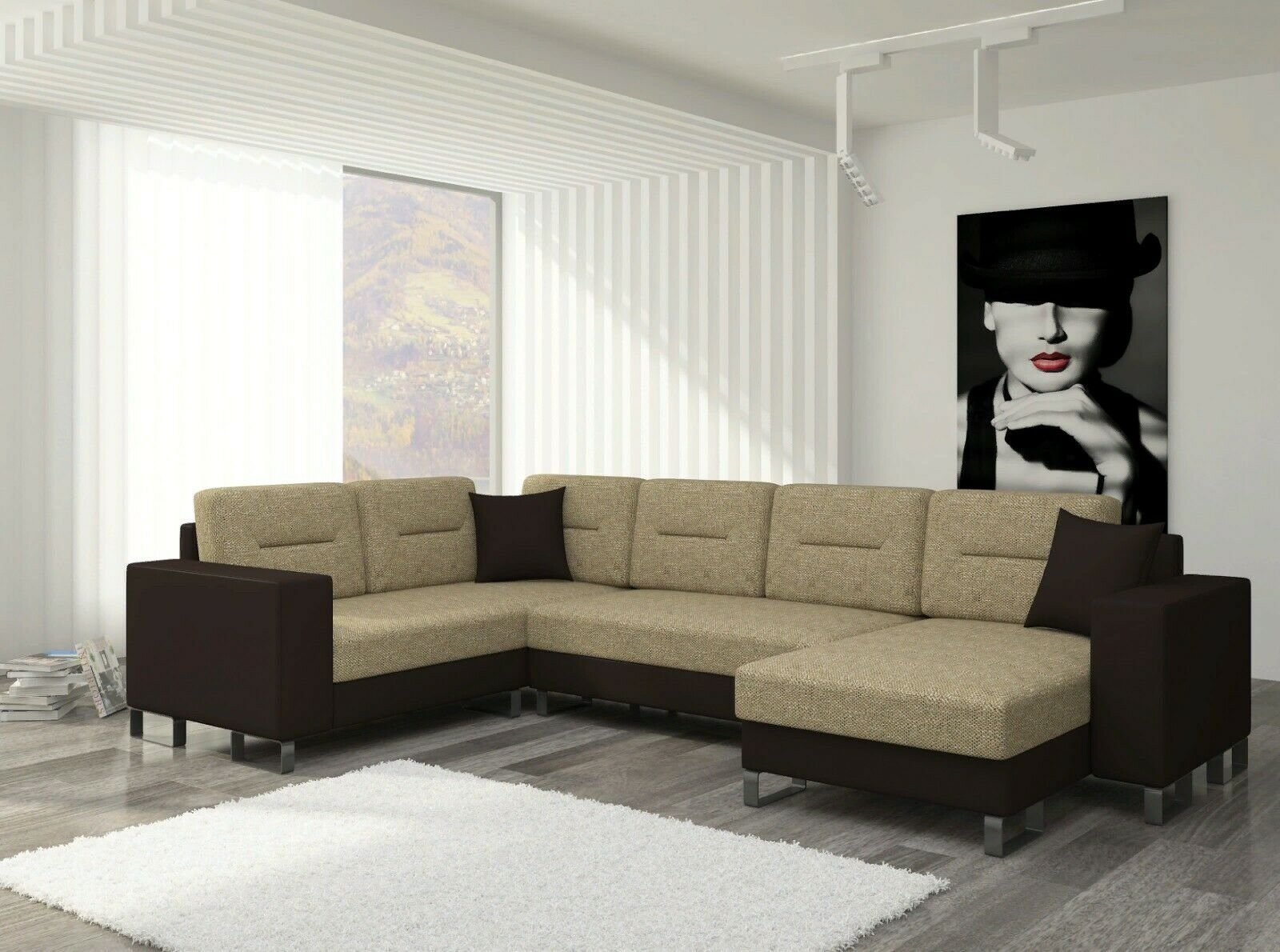 Bettfunktion Schlafsofa Ecksofa Bettfunktion Ecksofa Couch Polster Leder Design Mit Beige/Braun Textil, JVmoebel