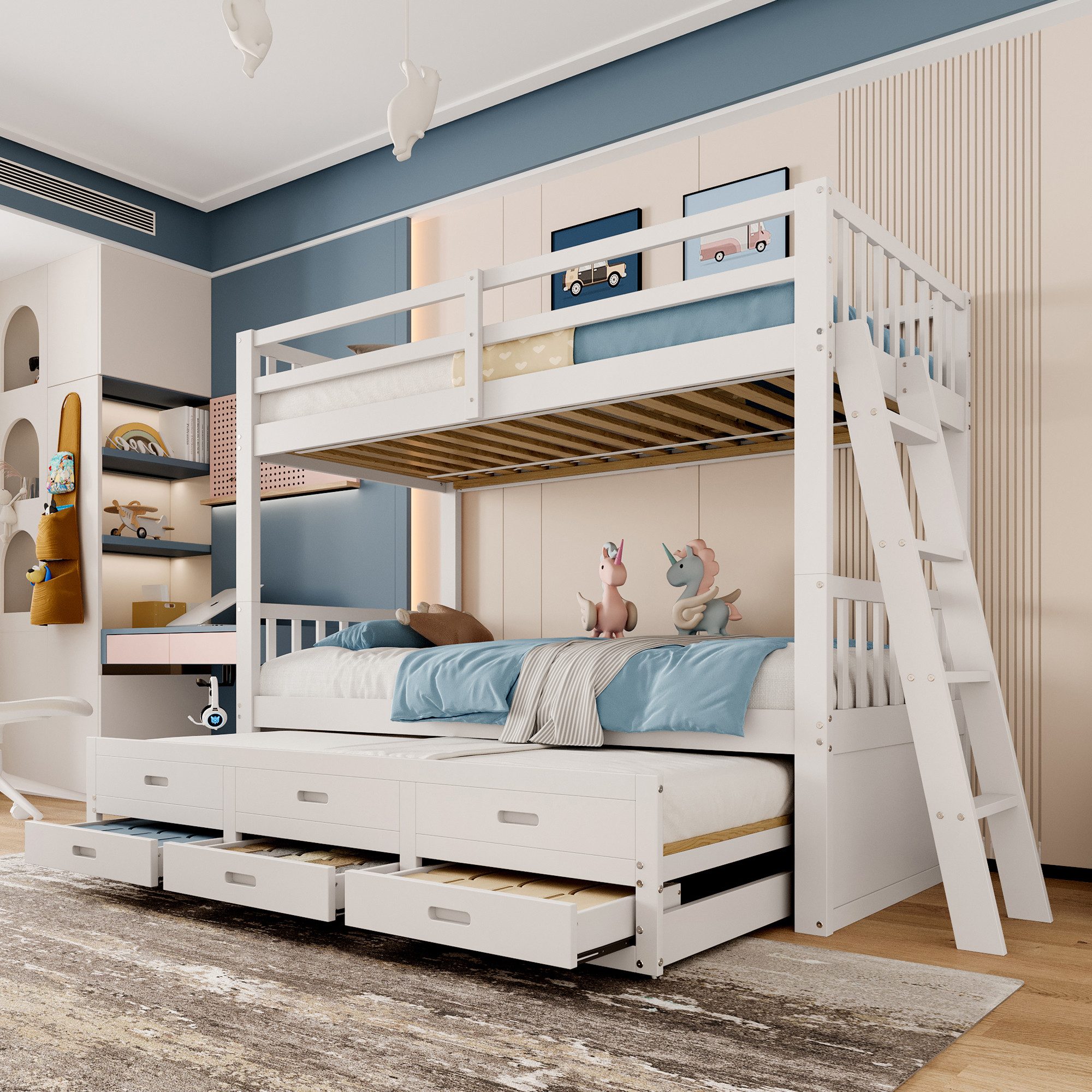 Merax Etagenbett 90x200 cm aus Kiefer mit Ausziehfunktion, Kinderbett mit Schubladen (3-St), Hochbett mit Lattenrost und Rausfallschutz, umbaubar in Einzelbetten
