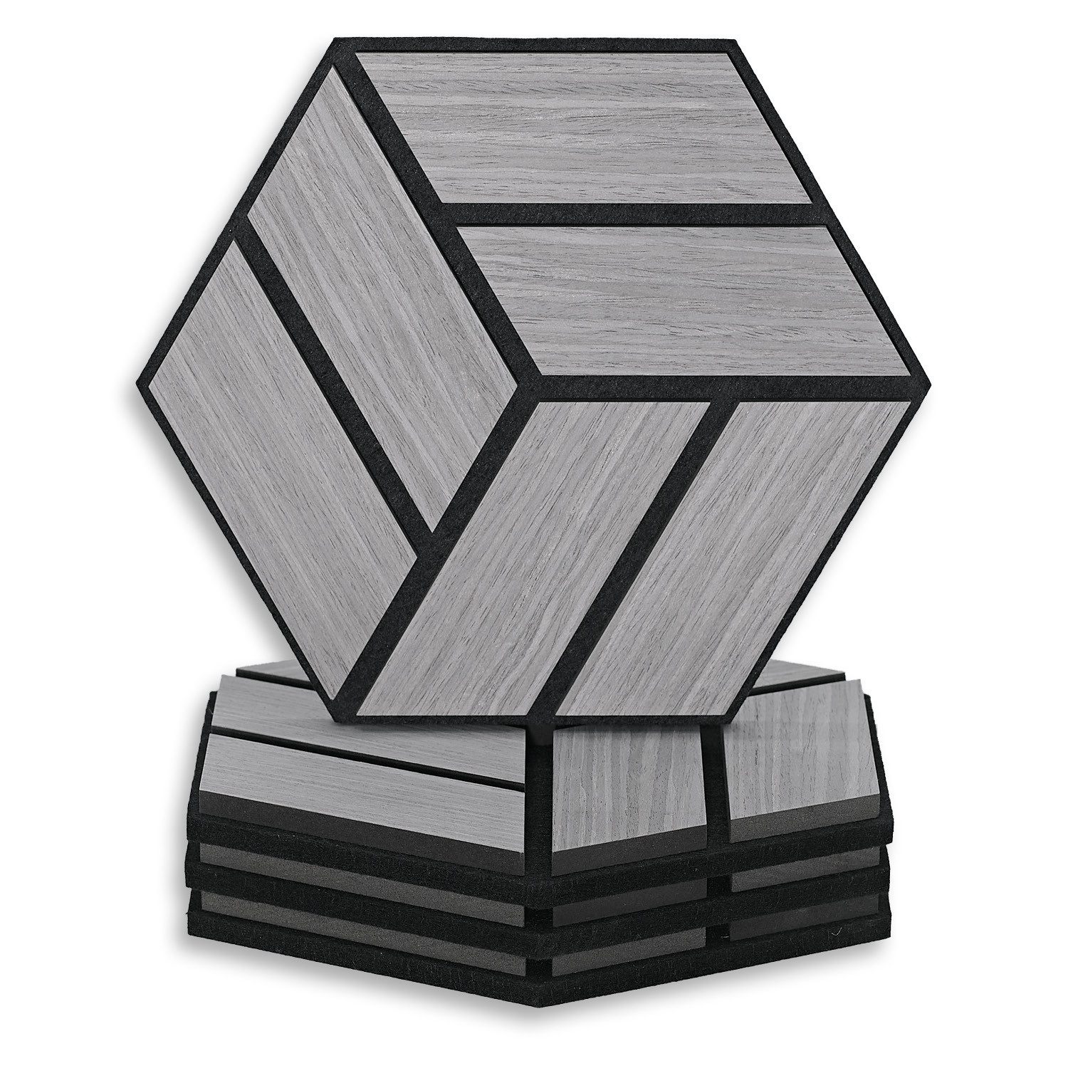 Homestyle4u Wandpaneel je 30x26 Hexagon Akustikpaneele Holz Schallschutz Filz Wand modern, (Set, 4er Set Akustikpaneele, 4-tlg., 4 Akustikpaneele) 3D Akustik Paneel Wandpaneel in Grau zum Kleben oder Bohren