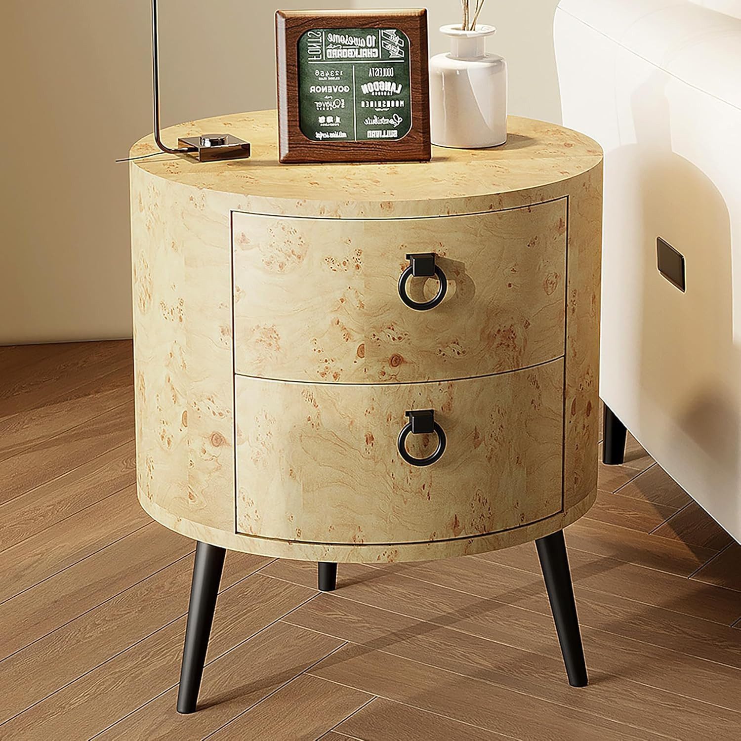 GarveeMore Beistelltisch Runder mit 2 Schubladen,moderner Nachttisch,47x47x55cm, Beistelltisch aus Holz mit Metallbeinen für Wohnzimmer,Schlafzimmer