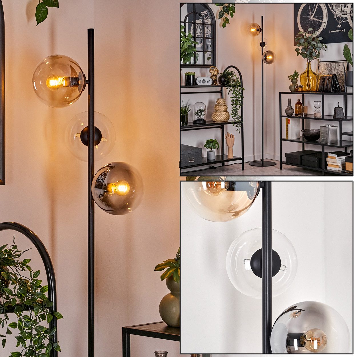 hofstein Stehlampe Stehlampe aus Metall/Glas in Schwarz/Rauch/Bernstein/Klar, ohne Leuchtmittel, Leuchte mit Glasschirmen (15cm),Schalter, 3 x E14, ohne Leuchtmittel