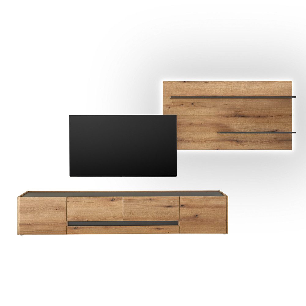 Lomadox Wohnwand CRISP-61, (2-St., Wandpaneel Beleuchtung Lowboard), in Eiche Nb. mit anthrazit, inkl. LED-Beleuchtung