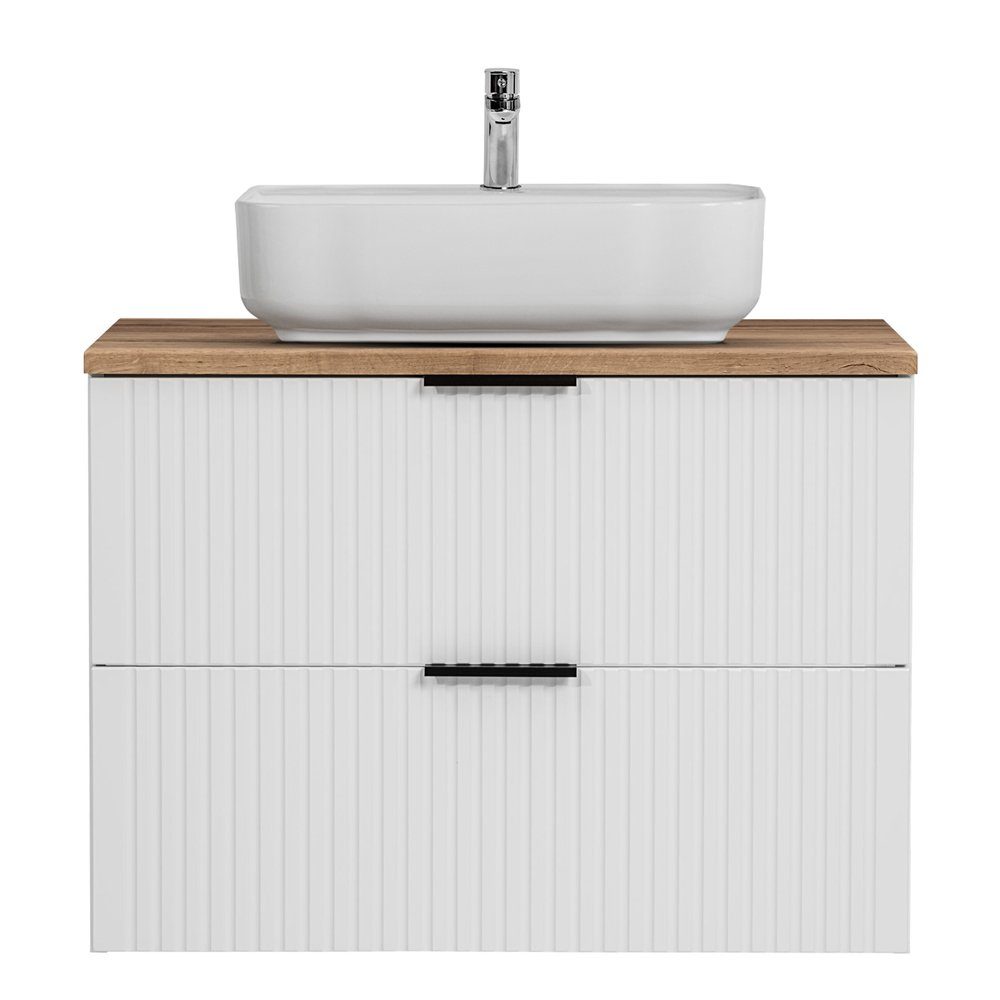 Lomadox Waschtisch ADELAIDE-56-WHITE, 80cm, weiß mit Eiche Nb., Keramik-Aufsatzbecken weiß