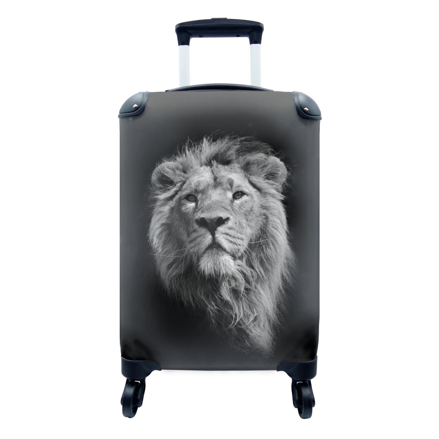MuchoWow Handgepäckkoffer Ein Löwe in Schwarz-Weiß auf schwarzem Hintergrund, 4 Rollen, Reisetasche mit rollen, Handgepäck für Ferien, Trolley, Reisekoffer