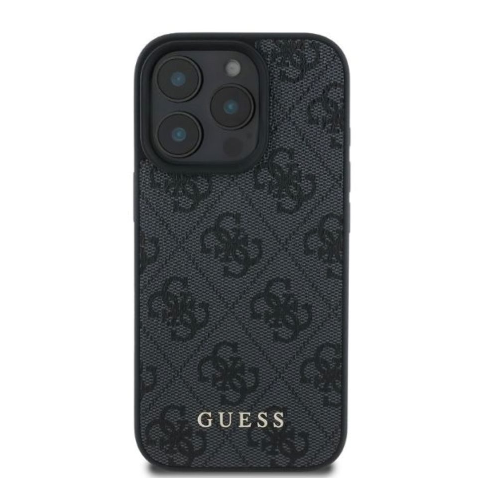 Guess Handyhülle iPhone 16 Pro Kunstleder grau Muster Logo goldfarbig 6,3 Zoll, Kantenschutz