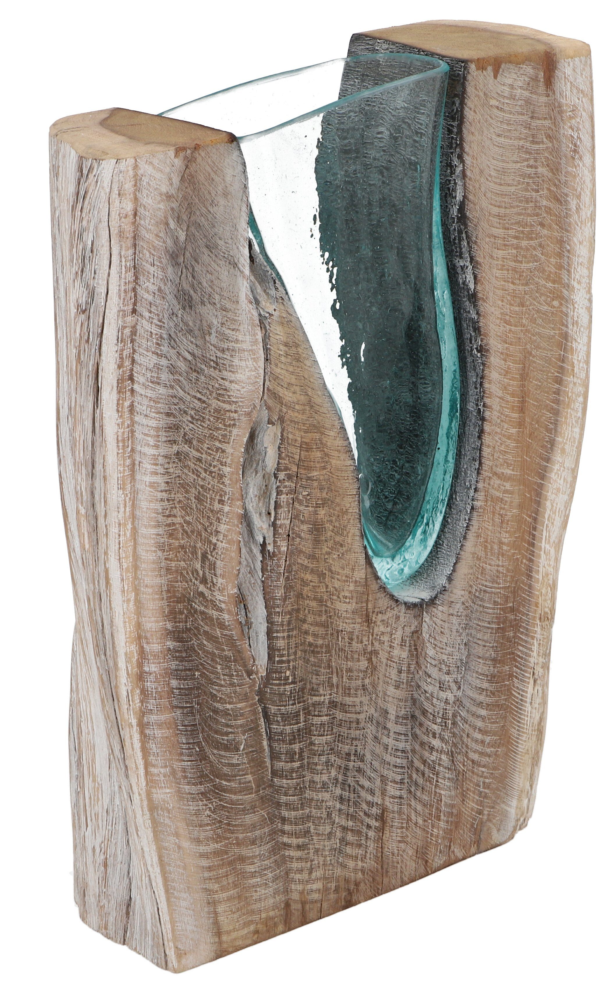 Guru-Shop Dekovase Vase aus Recycelingglas, Glasvase Teakholz - M14 günstig online kaufen