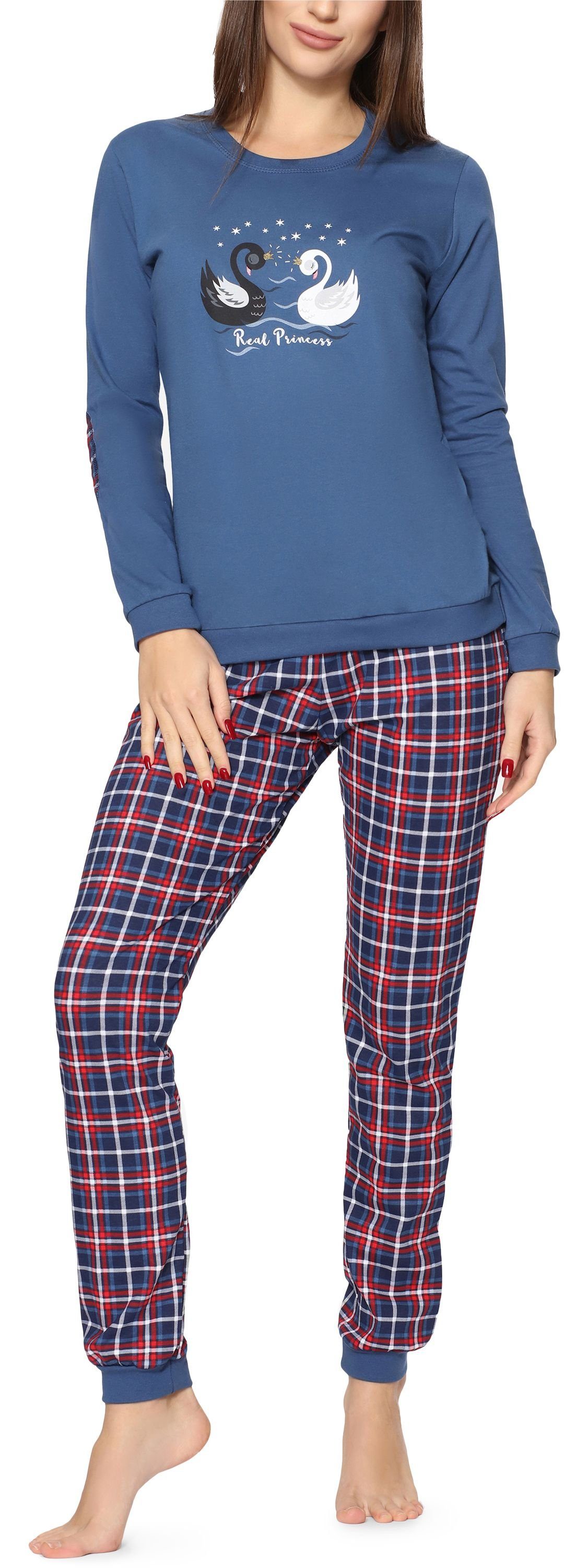 Cornette Schlafanzug Damen Schlafanzug Zweiteiler Pyjama Langarm mit Rundhals Baumwolle 634 Jeans (Swan) | Pyjamas