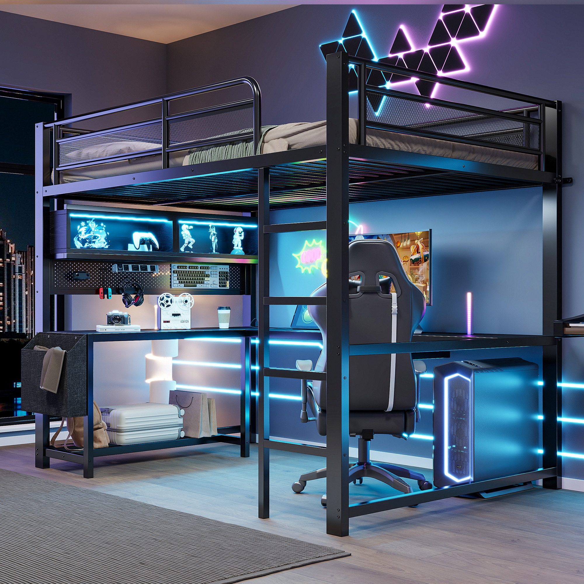 REDOM Hochbett Kinderbett mit Schreibtisch (Tastaturablage, Staufächern, LED-Beleuchtung und Ladestation, Schwarz/Weiß, 1-St., 140x200cm)