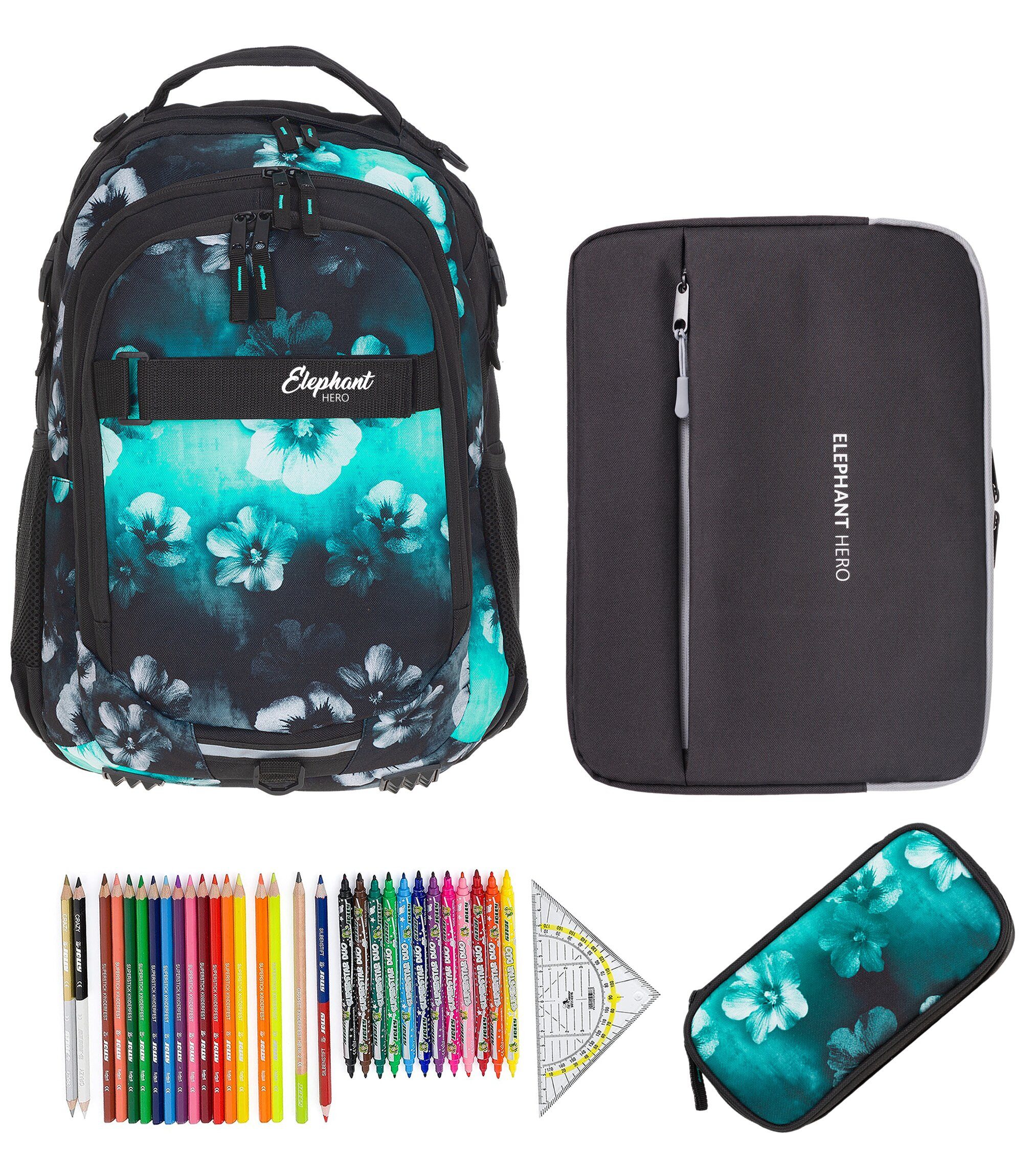 ELEPHANT Schulrucksack Hero Signature Schultasche Digital Ready Set (4 Teile Schulrucksackset, 4-tlg., inkl. Mäppchen Box + Laptop Hülle Sleeve + 31 Teile Stifte), Rucksack Schulmappe Jungen Mädchen +rmlv