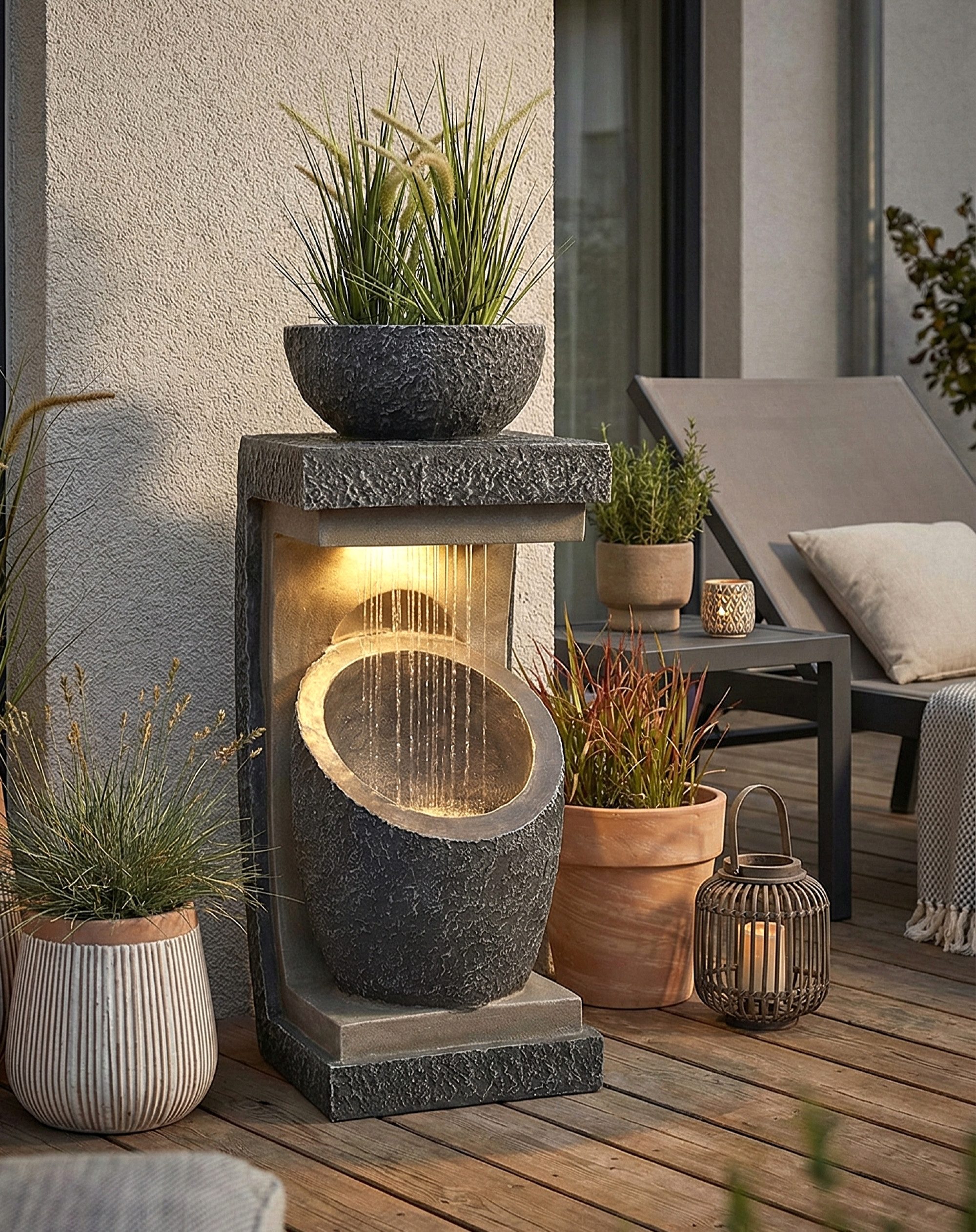 Arnusa Gartenbrunnen moderner Springbrunnen mit LED Beleuchtung bepflanzbar Steinoptik 81cm, Große Gartendekoration für den Innen- und Außenbereich