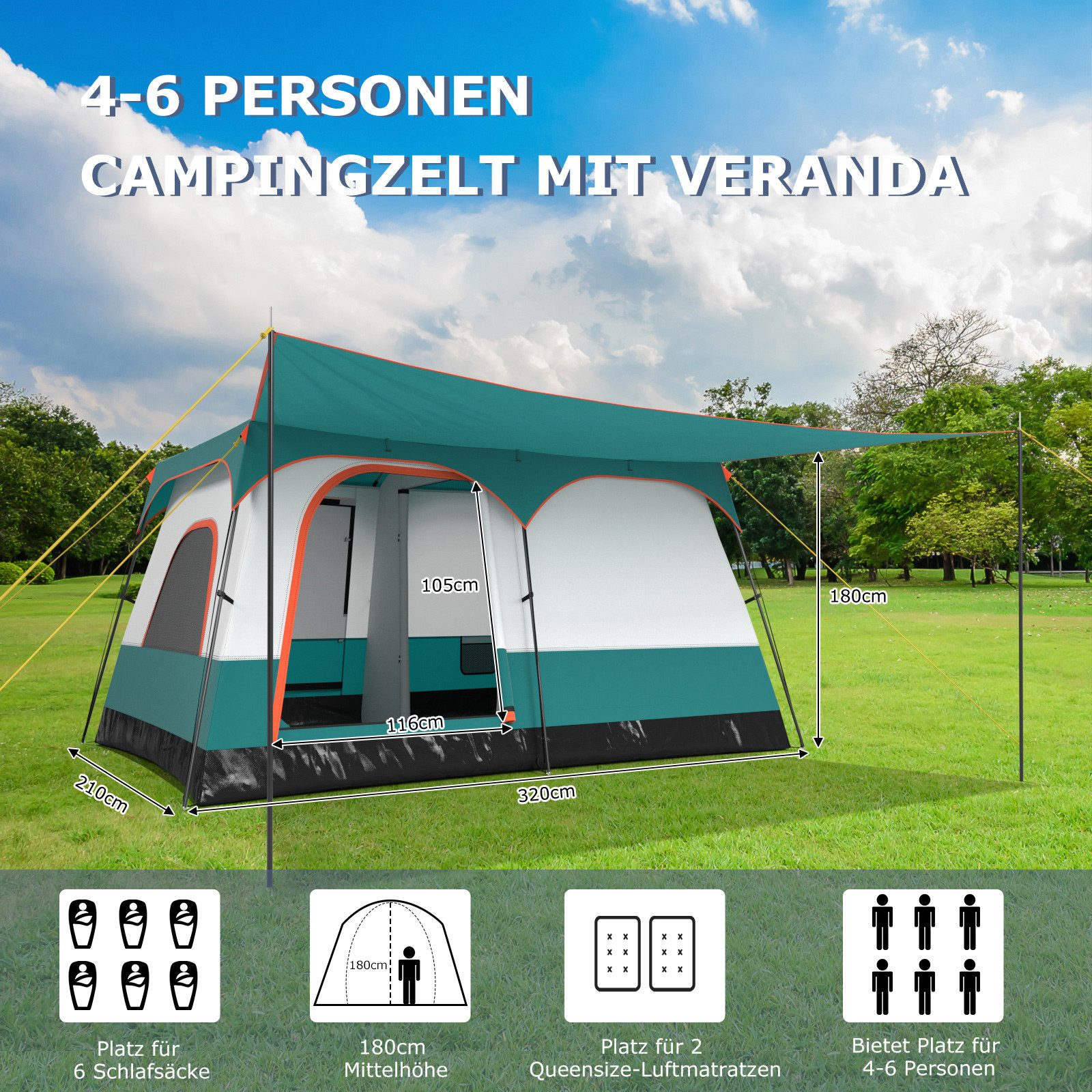 COSTWAY Kuppelzelt, Personen: 6, wasserdichtes Campingzelt mit Tragetasche