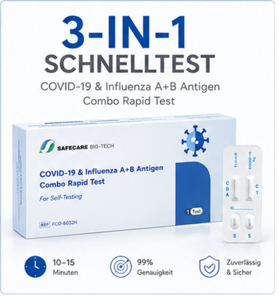 Safecare Bio-Tech Influenza-Schnelltest Safecare Corona Schnelltest Covid, MHD 2026, erkennt XEC und MC.13.2, 1 Messparameter, Corona, 5-tlg., Influenza, Hohe Präzision, 15–30 Min., ISO 13485, CE-zertifiziert, PEI geprüft