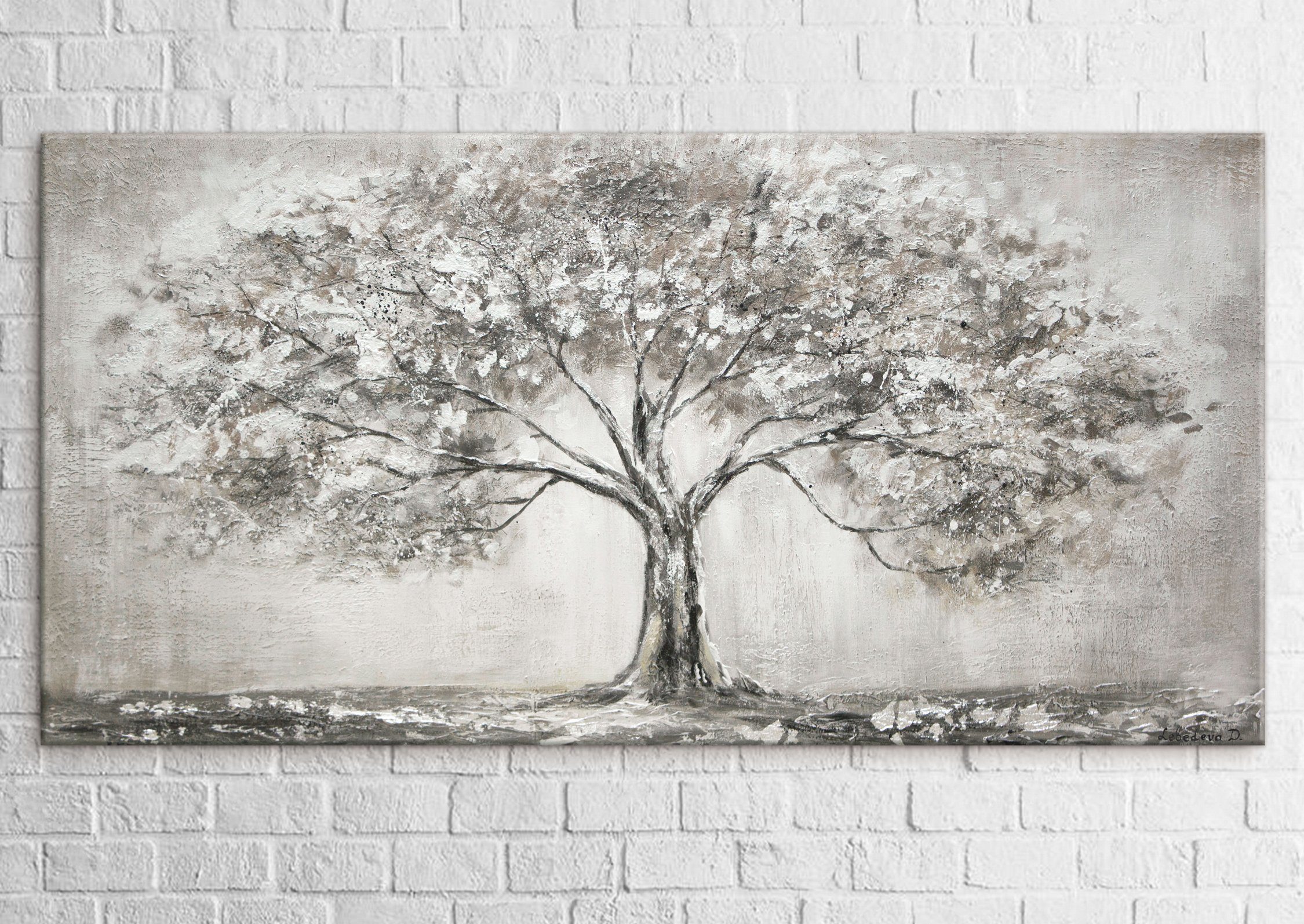 Lebensbaum Bild Familie YS-Art Grau Natur Lebensbaum, Gemälde Ohne Leinwand Handgemalt Landschaft, Schattenfugenrahmen