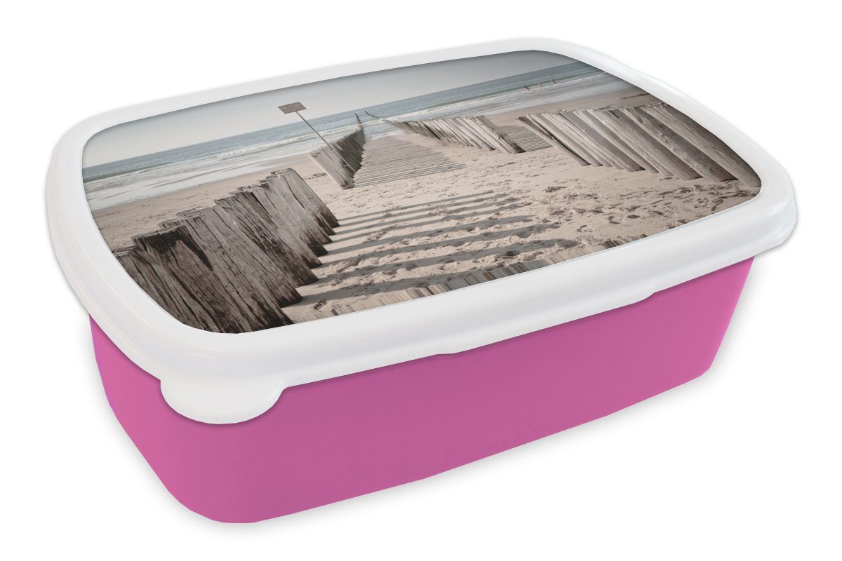 MuchoWow Lunchbox Strand - Zaun - Schatten, Kunststoff, (2-tlg), Brotbox für Erwachsene, Brotdose Kinder, Snackbox, Mädchen, Kunststoff rosa