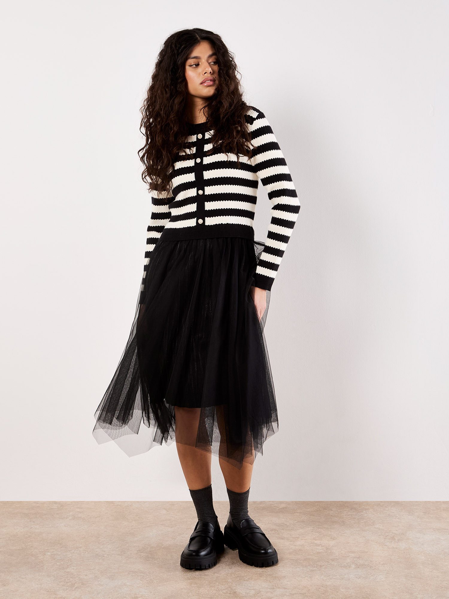 Apricot 2-in-1-Kleid Strick und Tüll Kleid in Streifenoptik günstig online kaufen