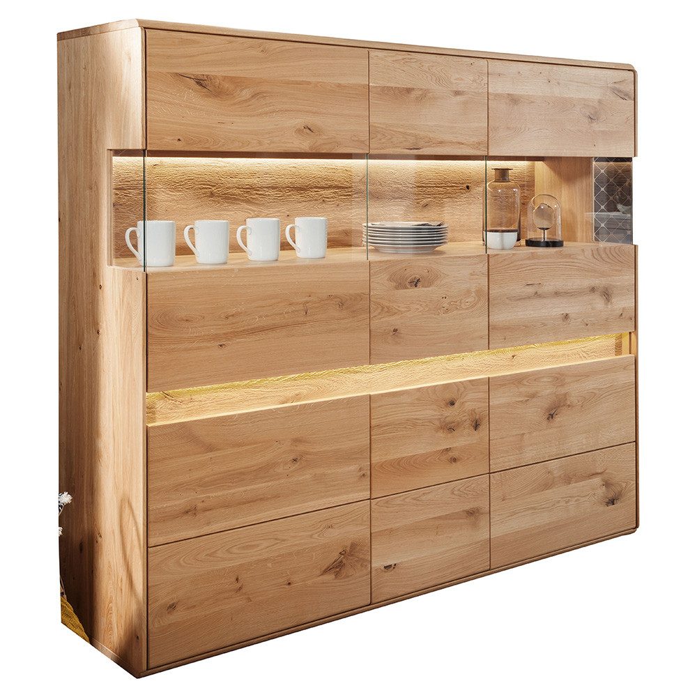 Lomadox Highboard WELLAND-69, 164 cm breit, Eiche massiv geölt mit LED-Beleuchtung