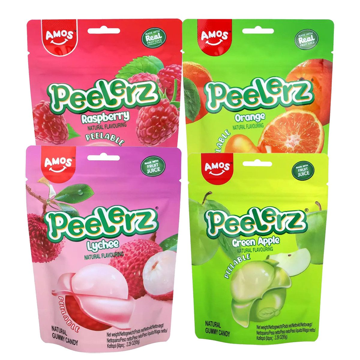 AMOS Süßigkeit, Amos Peelerz Mix Raspberry green Apple Lychee Orange 65g 4er Pack