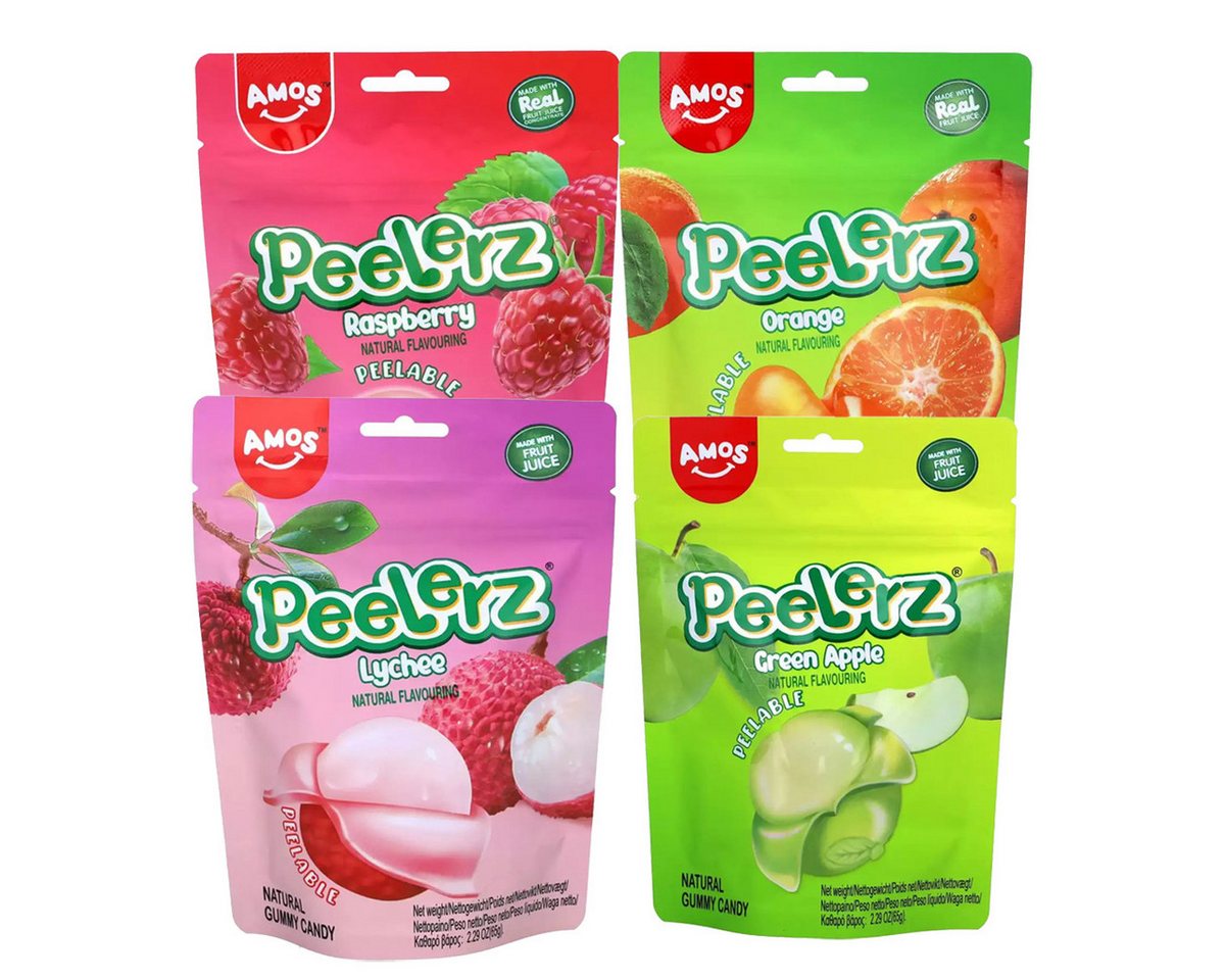AMOS Süßigkeit, Amos Peelerz Mix Raspberry green Apple Lychee Orange 65g 4er Pack