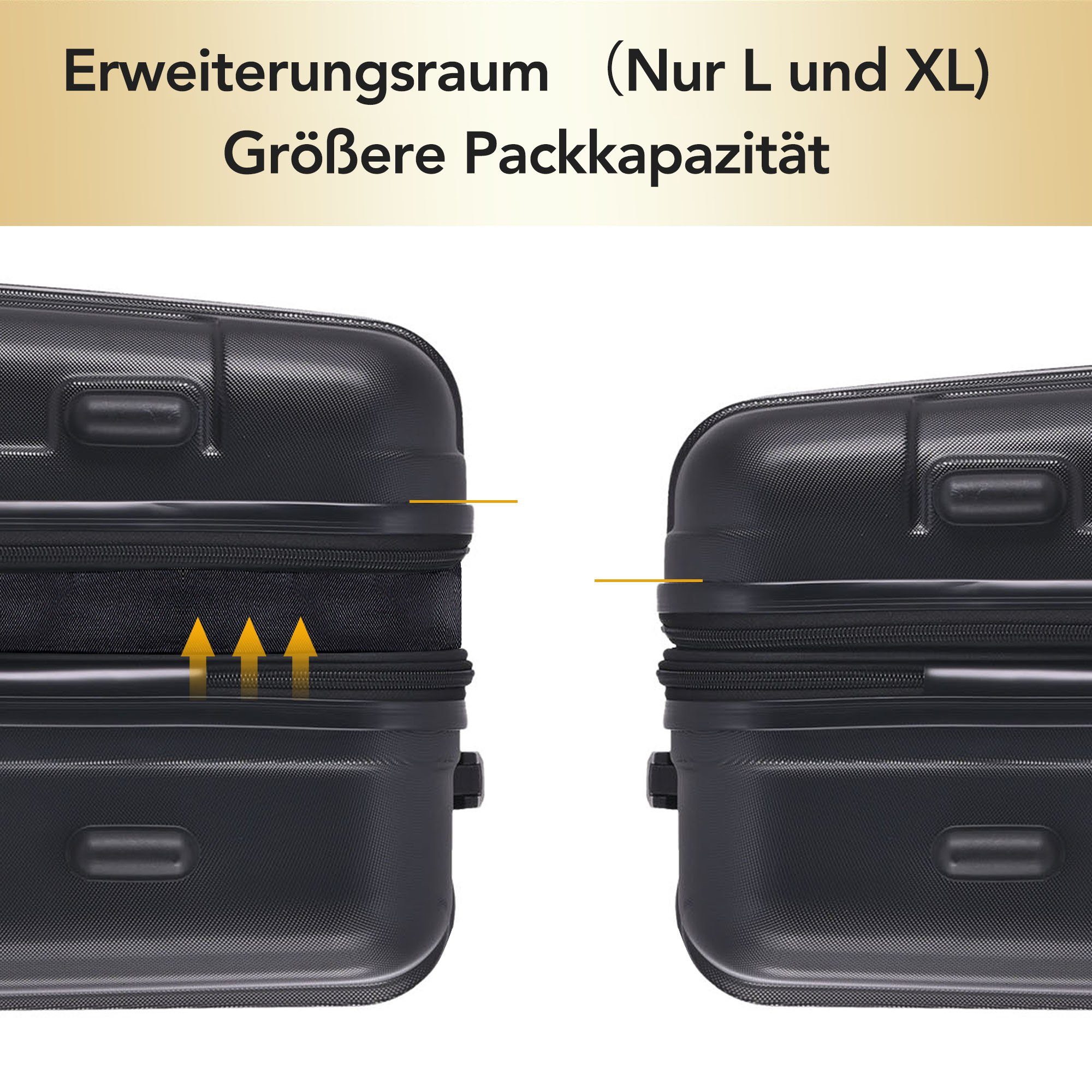 Flieks Trolleyset, 4 (3 Volumenerweiterung tlg), Set Schwarz Handgepäck Koffer Rollen, Hartschalen Trolley