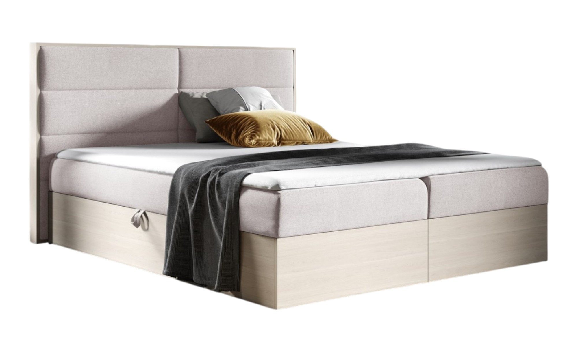 Fun Möbel Boxbett Schlafzimmerbett LAMBROS in Stoff u. Nordic-Teak-Optik (Inkl. Topper, Inkl. Bettkasten), Nordic Teak - Dekor