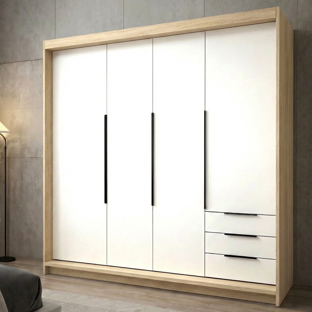 A&J MöbelLand GmbH Drehtürenschrank viertüriger Kleiderschrank mit Schubladen und Metallgriffen. (Geräumiger vier¬türiger Kleiderschrank mit Schubladen und Metallgriffen. Geräumiger Schrank mit einer Breite von 200 cm und Schubladen, ideal zur Aufbewahrung von Kleidung und Accessoires. Viel Stauraum. TOP PRODUKT! Wählen Sie das ideale Modell für Ihr Schlafzimmer!, TOP ANGEBOT) Breite: 200 cm, Höhe: 215 cm, Tiefe: 59,5 cm