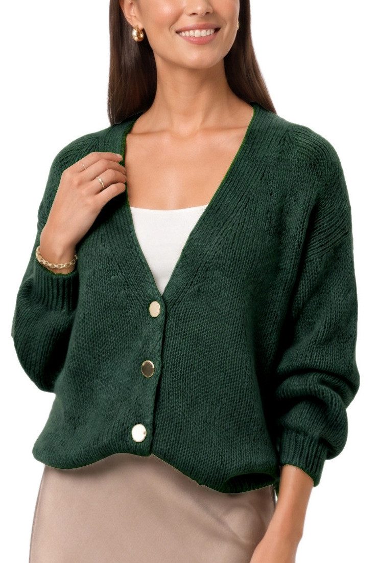 dy_mode Strickjacke Damen Cardigan Grobstrick Strickjacke V-Ausschnitt Übergangsjacke Grobstrick, in Unifarbe, V-Ausschnitt