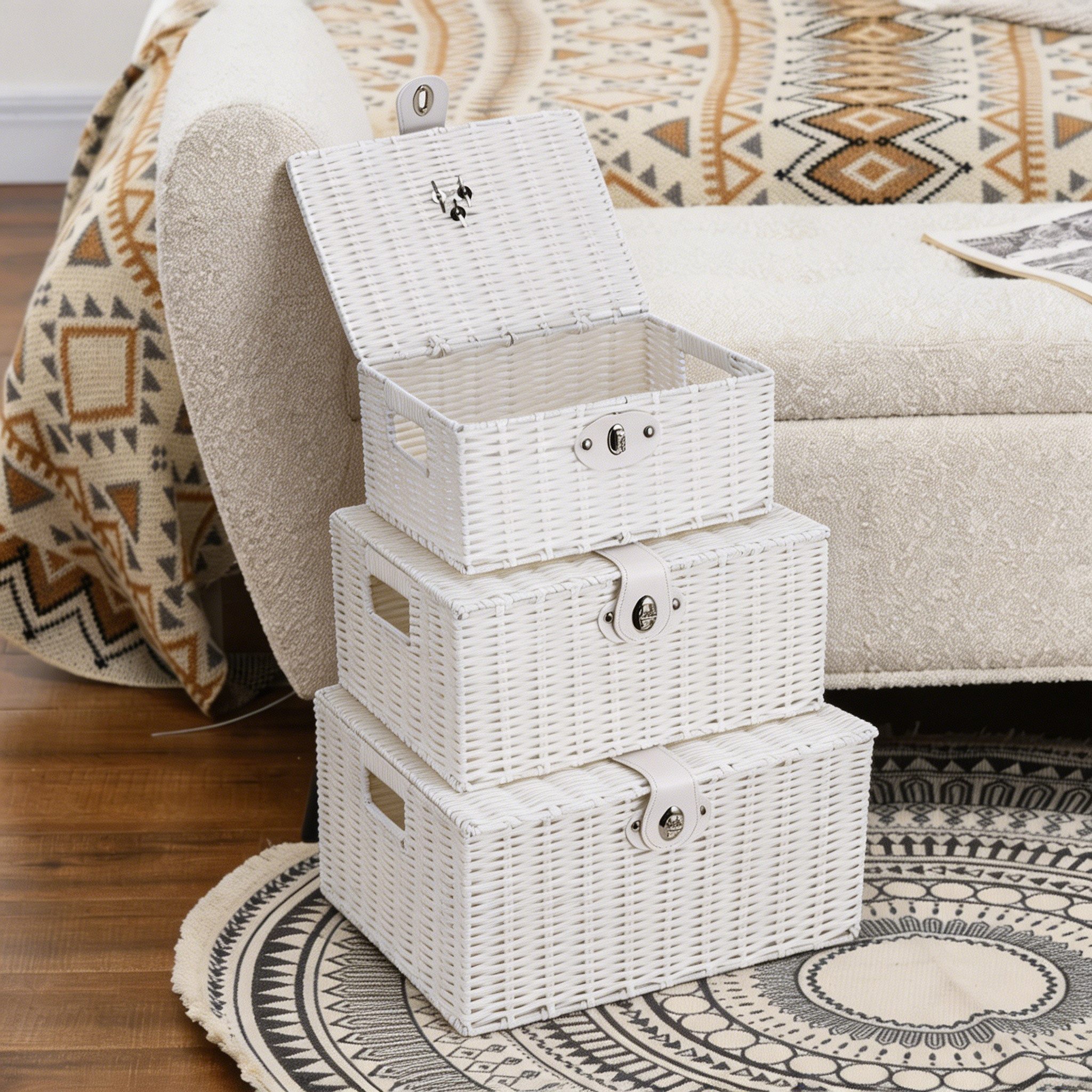 BlingBin Aufbewahrungskorb 3er Set Weiß Aufbewahrungskörbe aus PP-Rattan, mit Deckel & Schloss (3er-Set, 3 St., Größe L: ca. 36x28,5x18,5 cm, M: ca. 33x24x15 cm – Bild 2 von 5