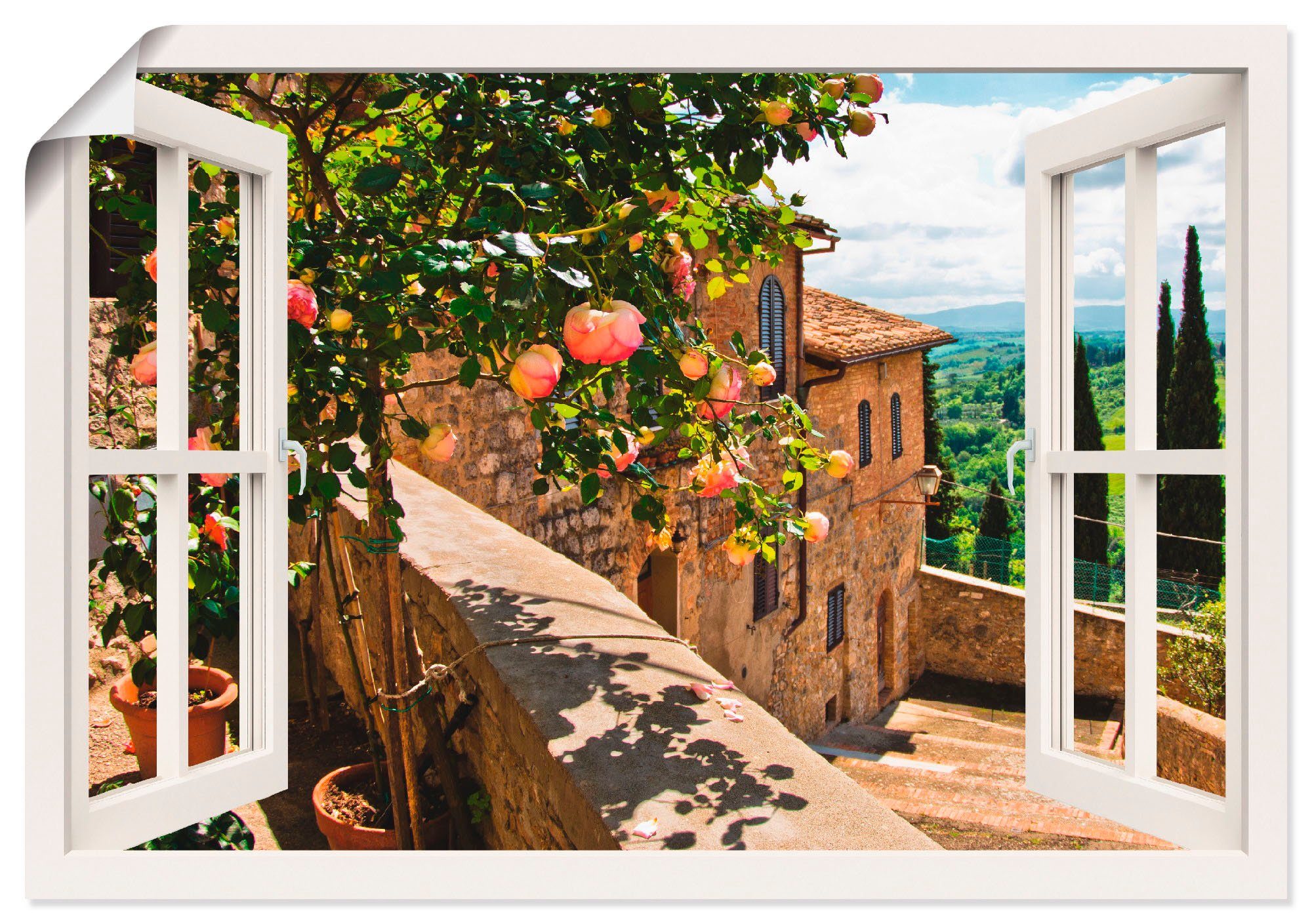 Artland Wandbild Fensterblick Rosen auf Balkon Toskana, Garten (1 St), als Alubild, Outdoorbild, Leinwandbild, Poster, Wandaufkleber