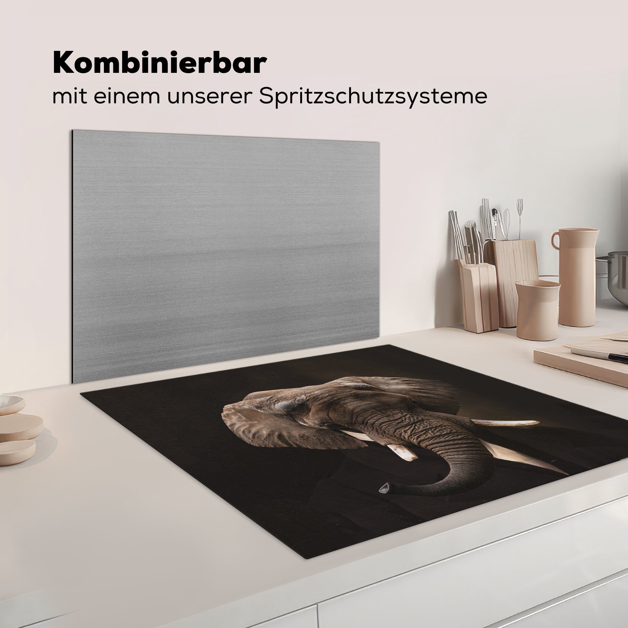 küche für tlg), Kunst, (1 - Porträt - Vinyl, cm, Arbeitsplatte MuchoWow Herdblende-/Abdeckplatte Ceranfeldabdeckung, Elefant 78x78