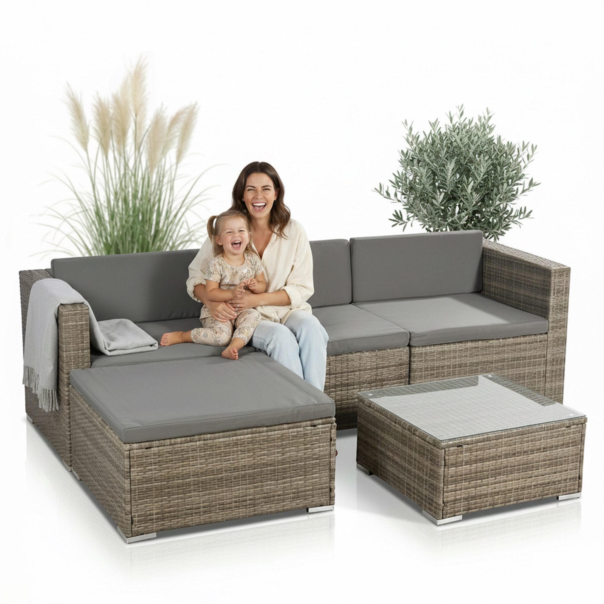 Mucola Gartenlounge-Set Polyrattan Lounge 5tlg. Gartengarnitur Sitzgruppe Sitzgarnitur Sofa, (Set, Möbelset), Schraub-Ausgleich-Standfüße