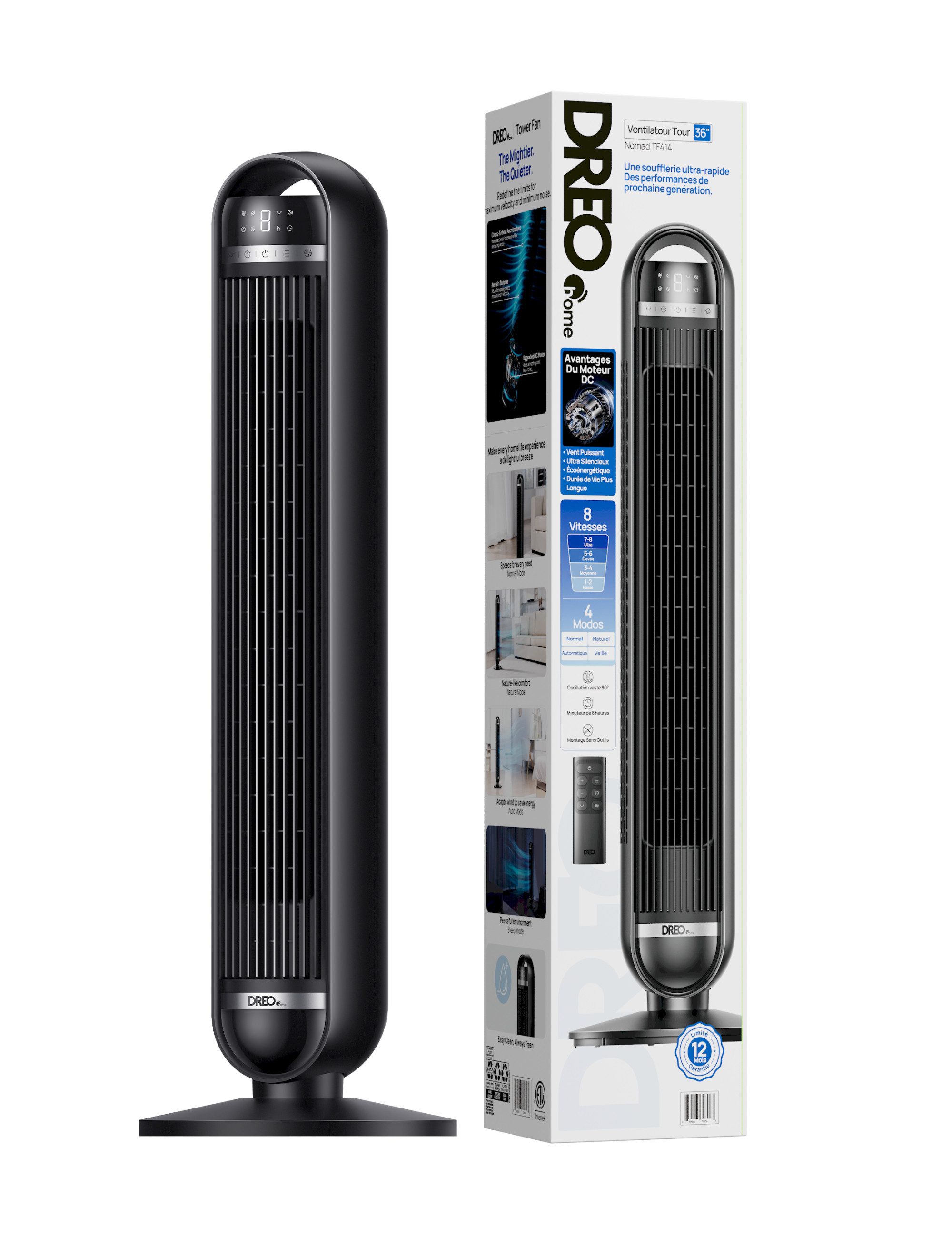 Dreo Turmventilator Nomad TF414, 25 dB ultraleise, starker Luftstrom, 4 Modi, 8 Stufen, 90° Oszillation