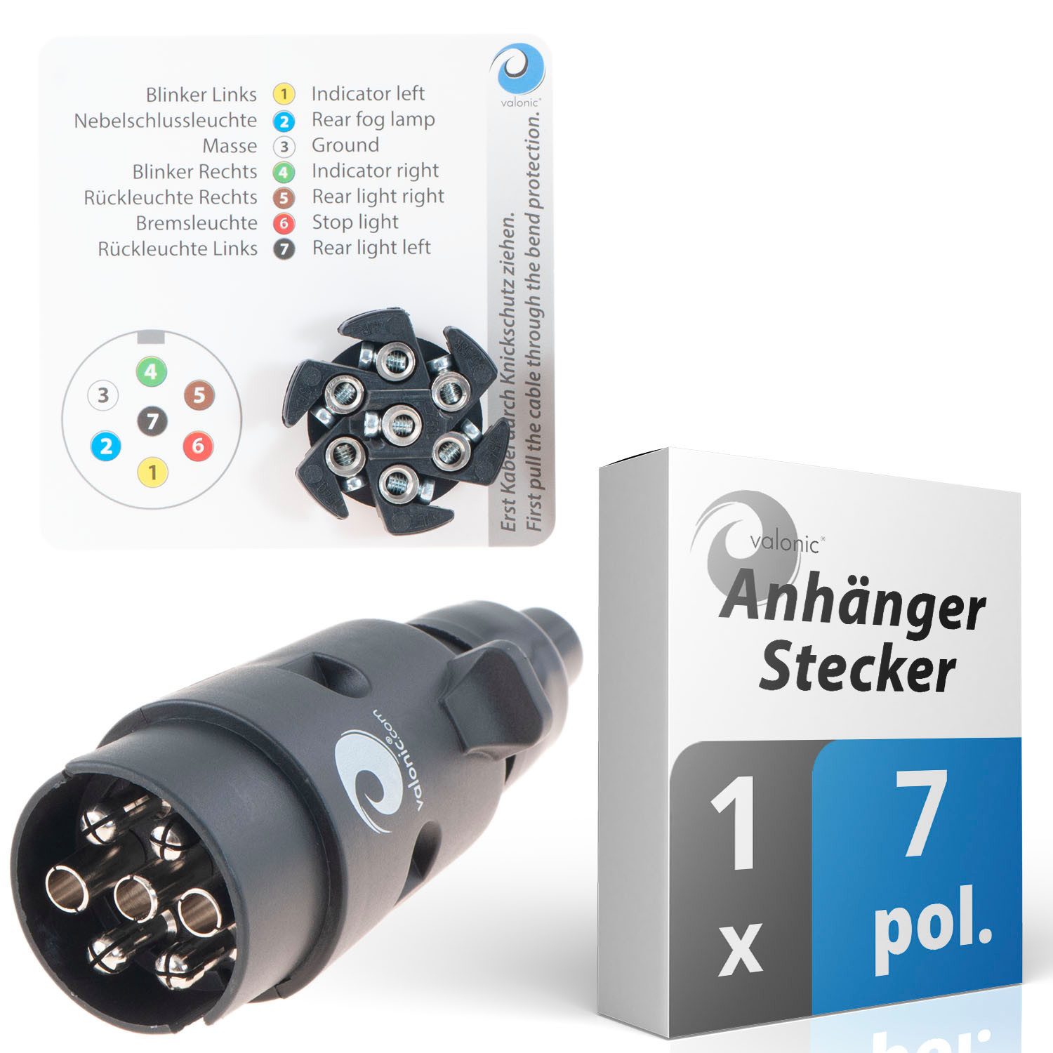 valonic valonic Premium Anhänger Stecker - 7 polig, schwarz - inkl. Schablone Anhänger-Adapter 7 polig zu Anhänger-Kabelbaum, inkl. Verkabelungshilfe - für Anhänger und Wohnwagen