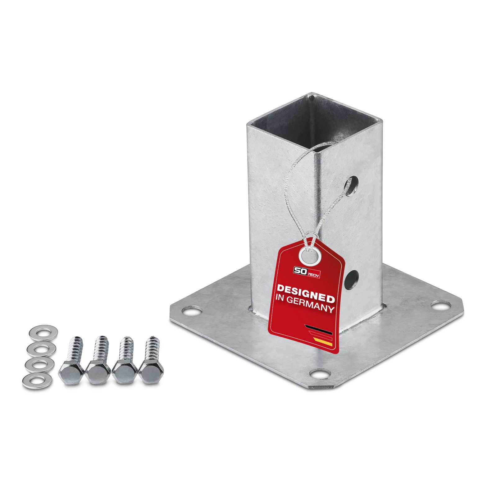 SO-TECH® Pfostenträger für Vierkantholz, zum Aufschrauben, aus Stahl feuerverzinkt, (1-St), Höhe 122 mm, Terrasse Gartenpfosten 50 x 50 mm mit Schrauben