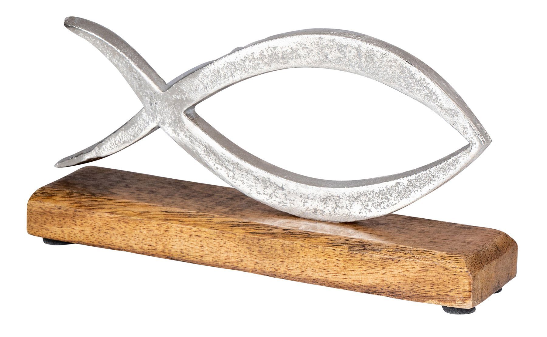 Levandeo® Dekoobjekt, Aufsteller Fisch L23cm Metall Mango Holz Silber Natur Maritime Deko