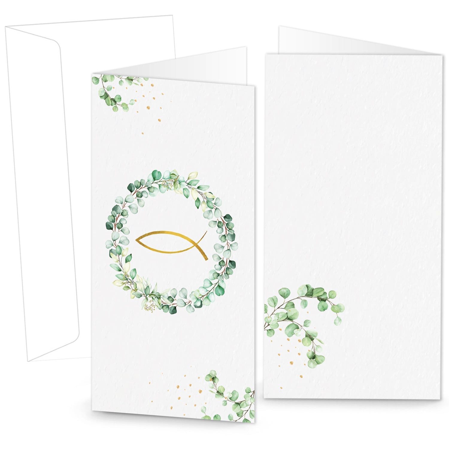 Logbuch-Verlag Dekofigur 10 Klappkarten & Kuvert Eukalyptus Fisch grün gold 10,5x21cm