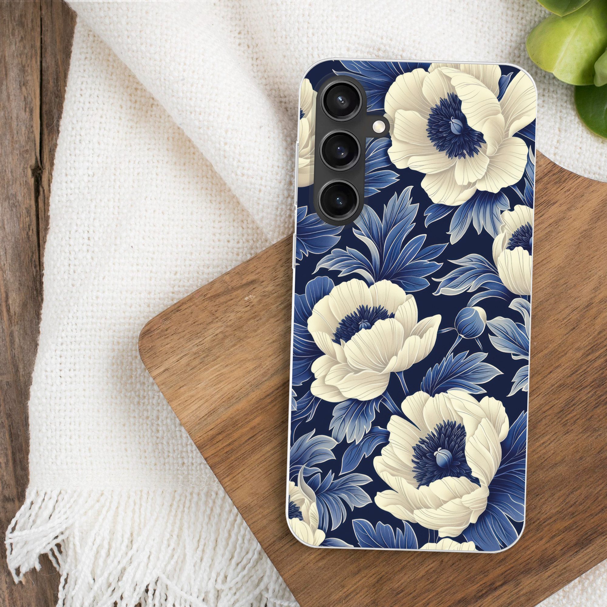 MuchoWow Handyhülle für Samsung Galaxy S23 FE Blumen - Muster - Blau - Weiß