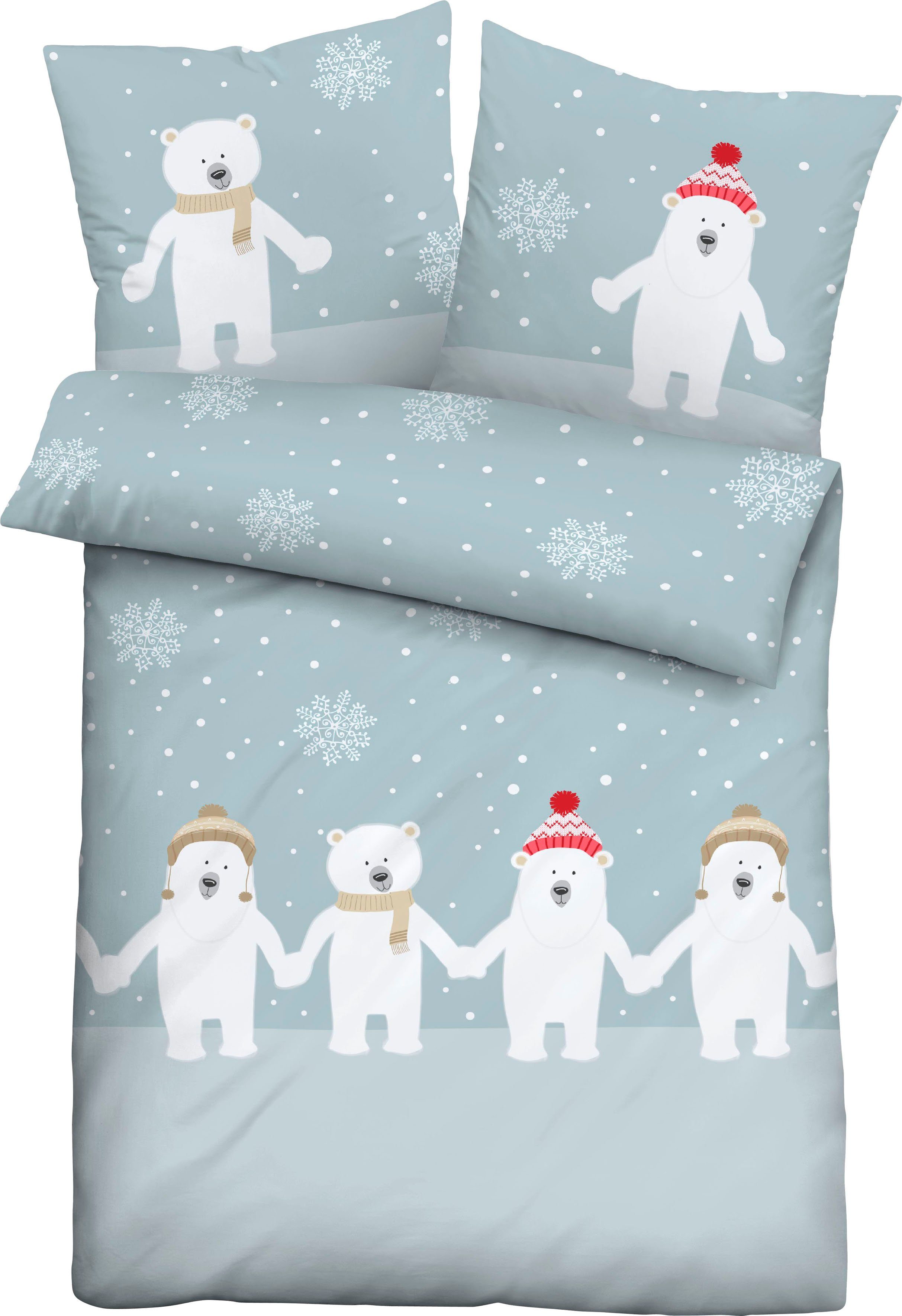 Biberna Kinderbettwäsche Eddy, Feinbiber, 2 teilig, mit winterlichen Eisbären