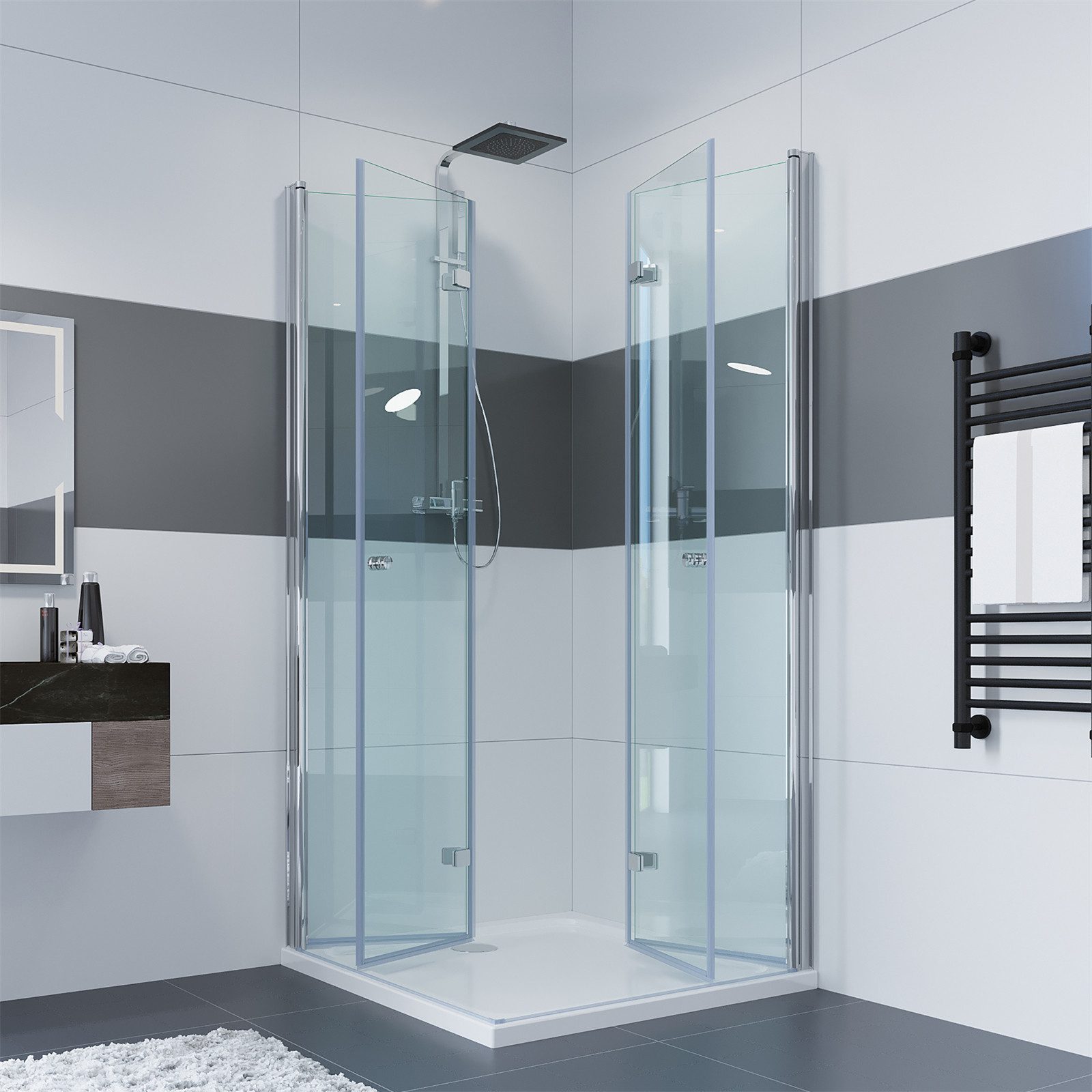 IMPTS Eckdusche Duschkabine Faltbar Falttürkabine, BxT: 70x70 cm, Sicherheitsglas, Duschkabine Eckeinstieg Duschabtrennung, 180º doppelt Falttüren, doppelt Falttüren, Ohne Duschwanne