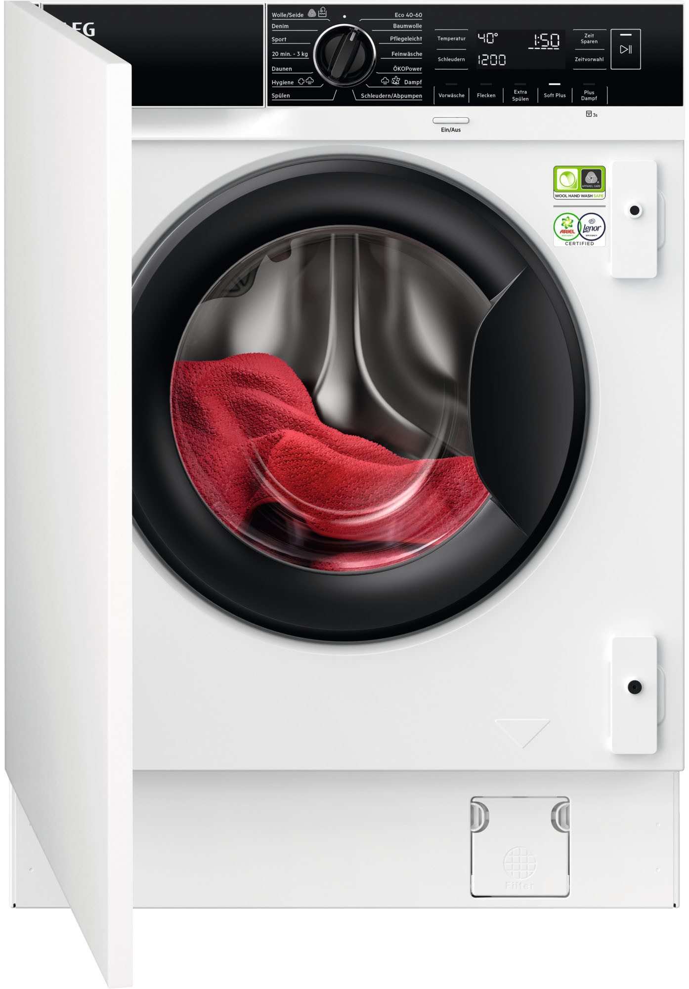 AEG Einbauwaschmaschine 8000 PowerCare® LR8BI7480, 8 kg, 1400 U/min, PowerClean: Vollständige Fleckenentfernung in 59 Min. bei nur 30 °C