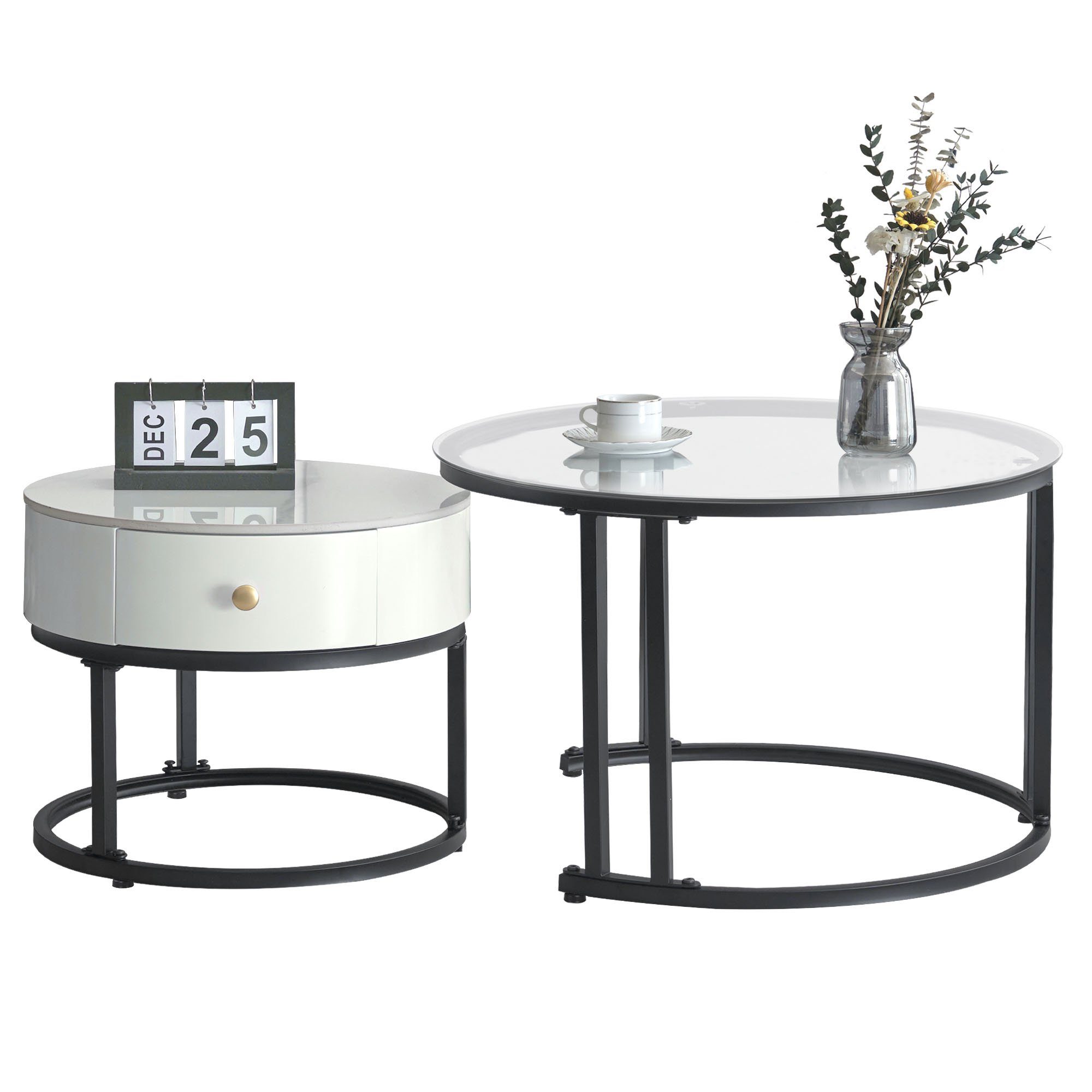 Glasplatte mit Satztisch und REDOM (2-St), Metallrahmen Marmor-Tischplatte mit 2er Couchtisch Set Beistelltisch